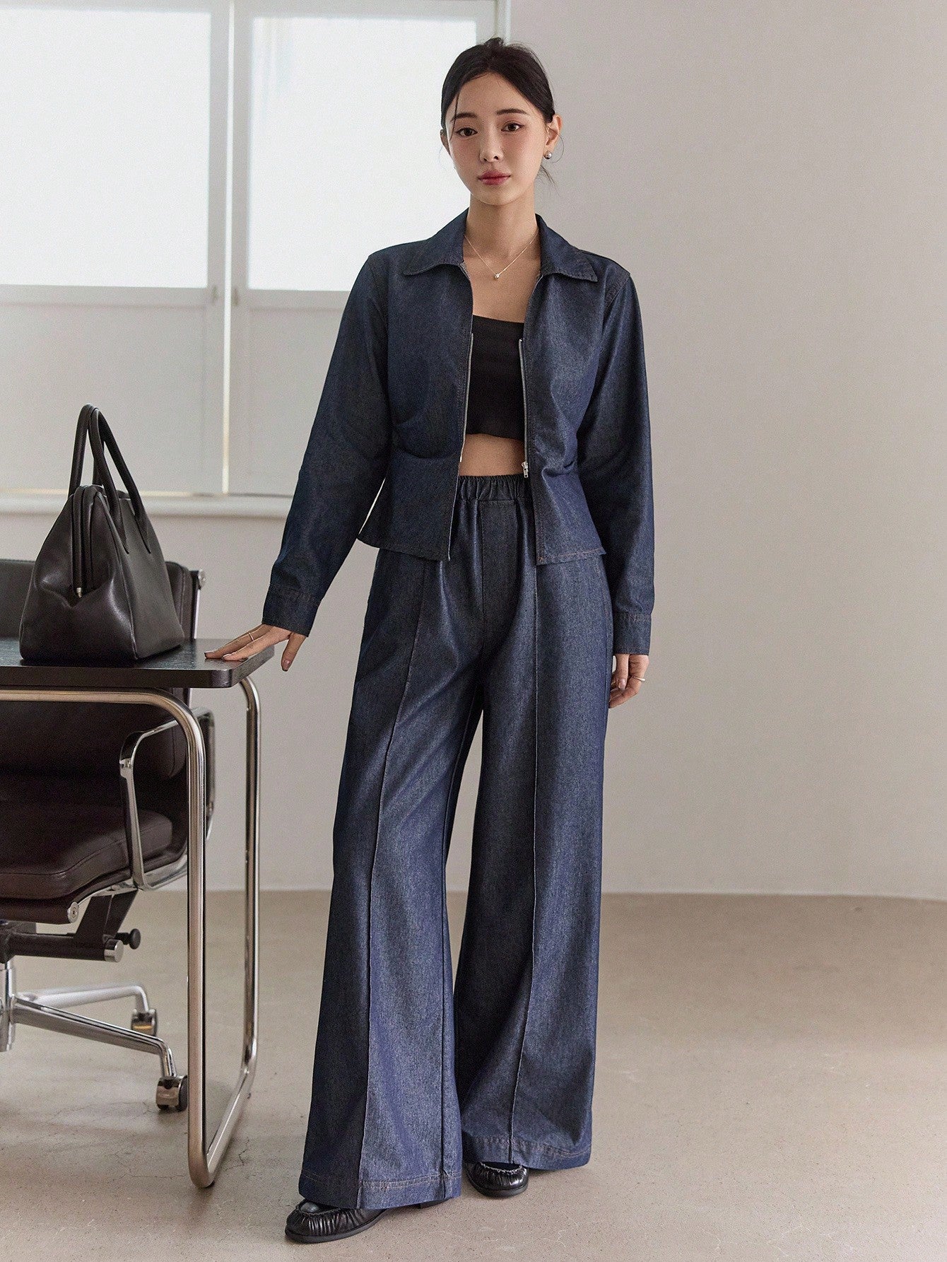 CM-SS609507 Women Casual Seoul Style Dark Wash Collared Long Sleeve Denim Top With Wide Leg Pants - Set