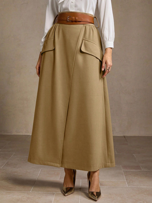 CM-BS781100 Women Elegant Seoul Style High Waist Asymmetrical Belted A-Line Skirt - Khaki
