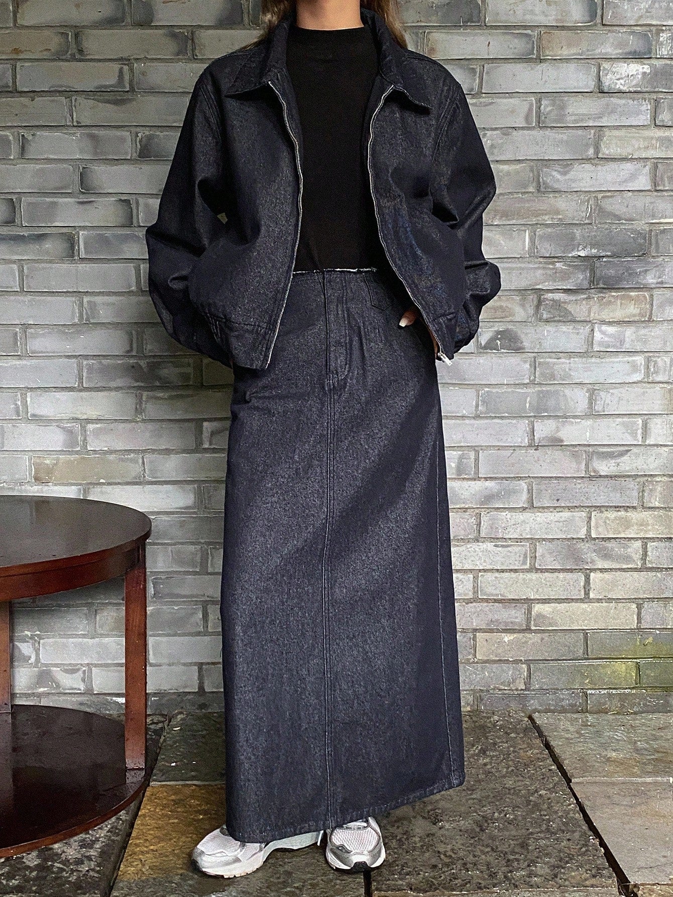 "CM-SS588990 Women Casual Seoul Style Collar Neckline Waist Cinching Denim Jacket With Long Denim Skirt - Set "