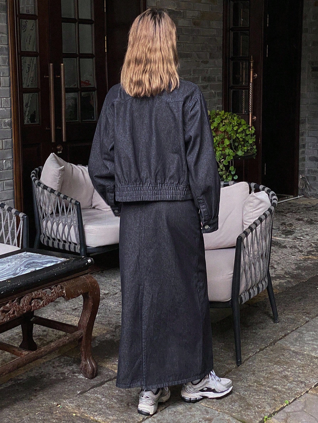 "CM-SS588990 Women Casual Seoul Style Collar Neckline Waist Cinching Denim Jacket With Long Denim Skirt - Set "