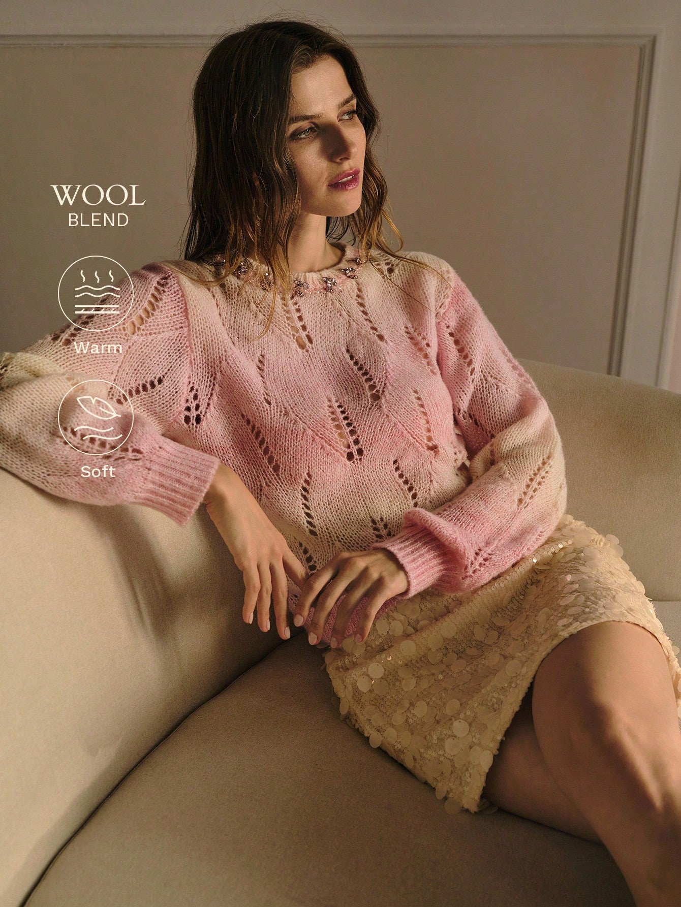 CM-CS242322 Women Elegant Seoul Style Round Neck Long Sleeve Ombre Hollow Out Sweater - Baby Pink