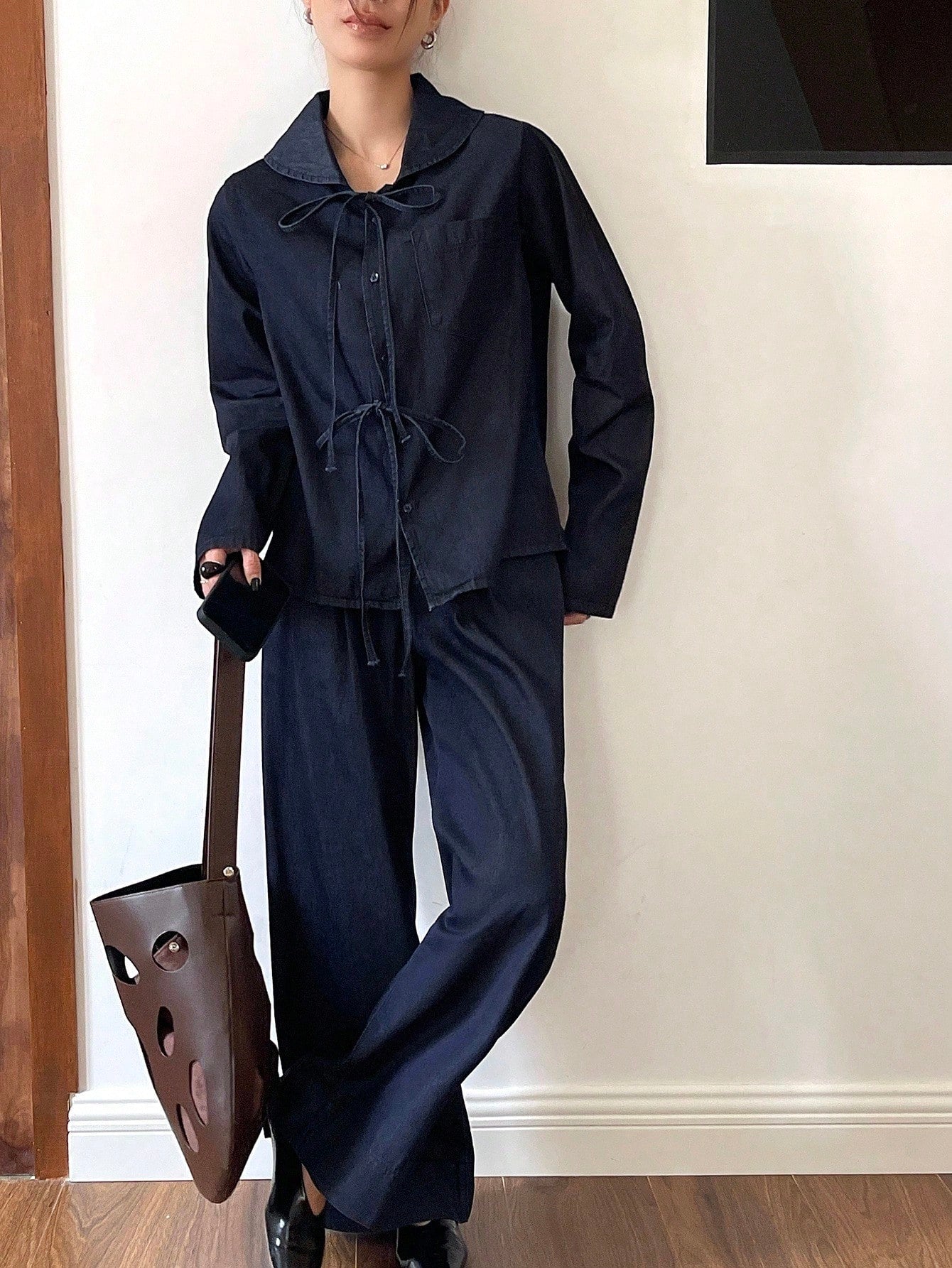 CM-SS349877 Women Casual Seoul Style Peter Pan Collar Long Sleeve Denim Blouse With Long Pants - Set