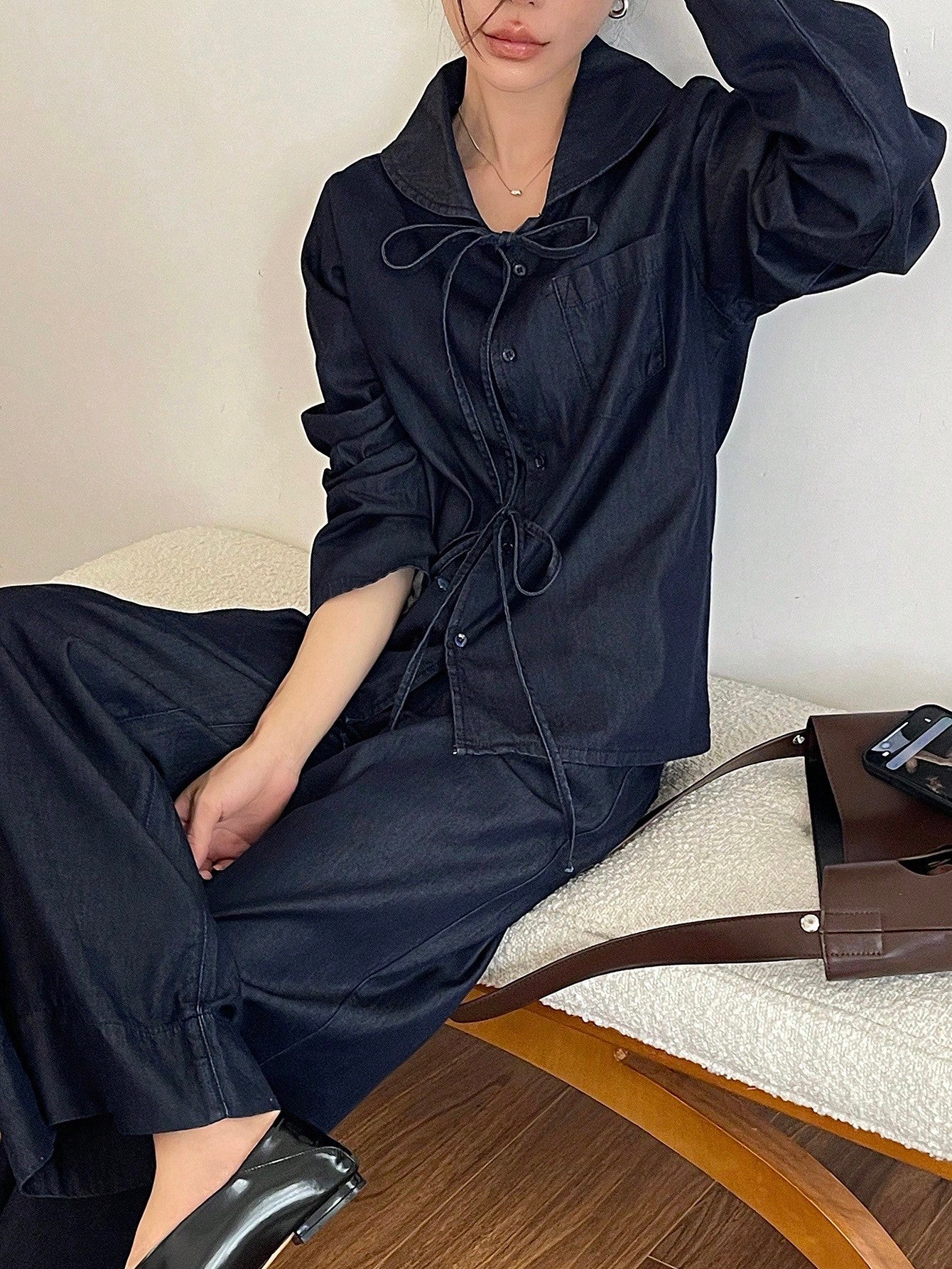 CM-SS349877 Women Casual Seoul Style Peter Pan Collar Long Sleeve Denim Blouse With Long Pants - Set