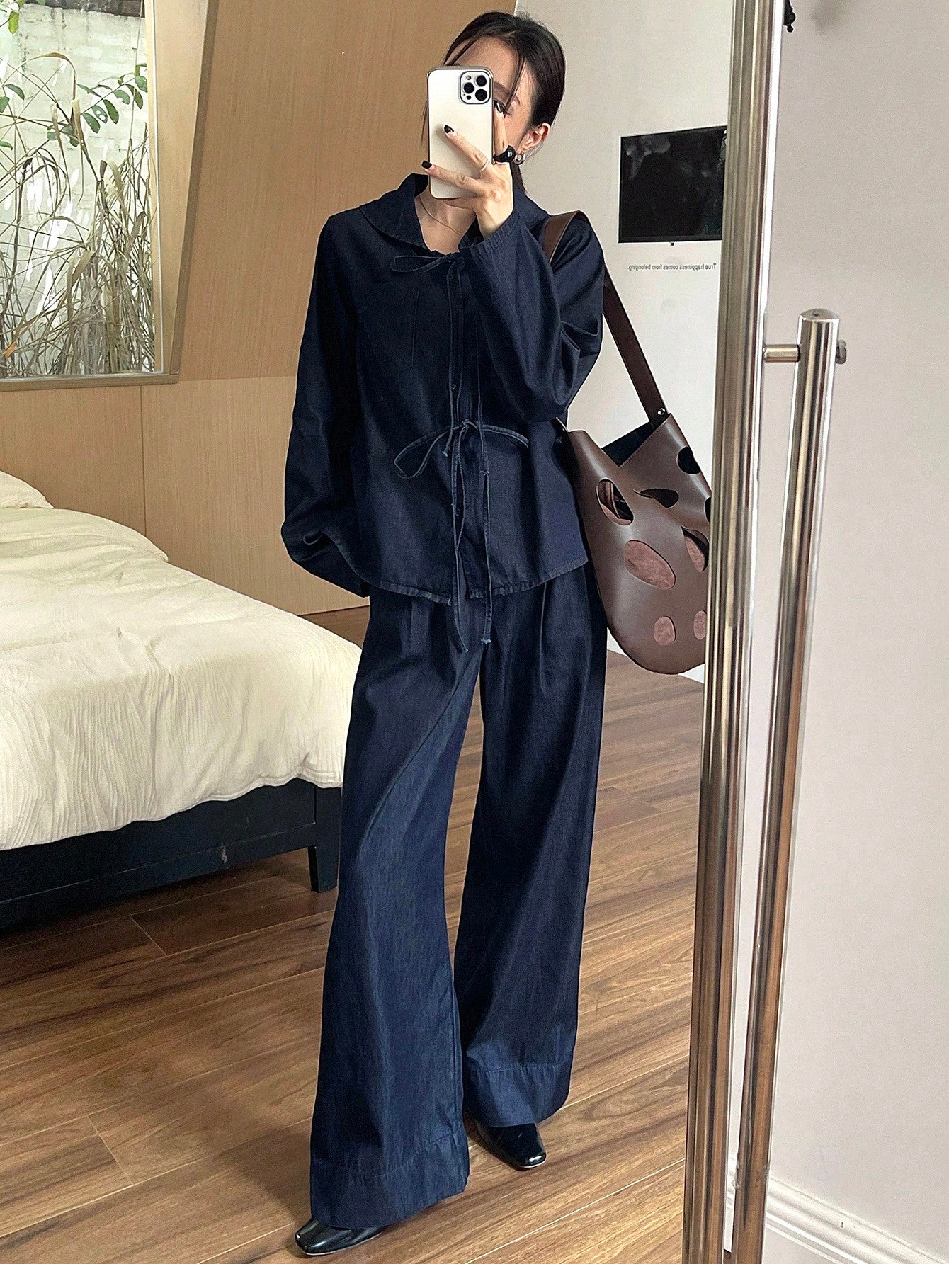 CM-SS349877 Women Casual Seoul Style Peter Pan Collar Long Sleeve Denim Blouse With Long Pants - Set