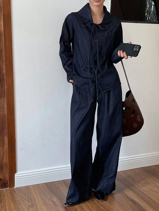 CM-SS349877 Women Casual Seoul Style Peter Pan Collar Long Sleeve Denim Blouse With Long Pants - Set