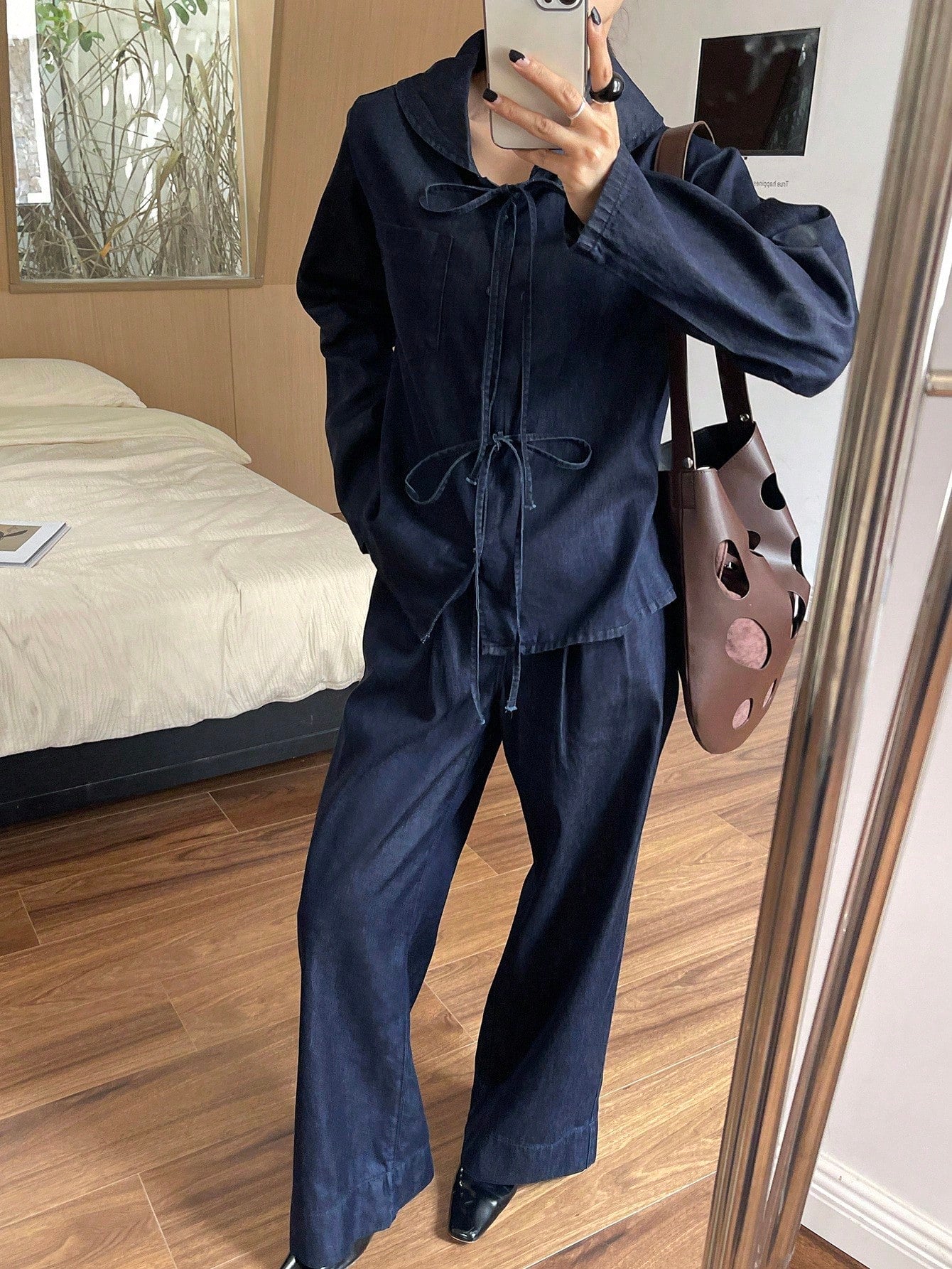 CM-SS349877 Women Casual Seoul Style Peter Pan Collar Long Sleeve Denim Blouse With Long Pants - Set