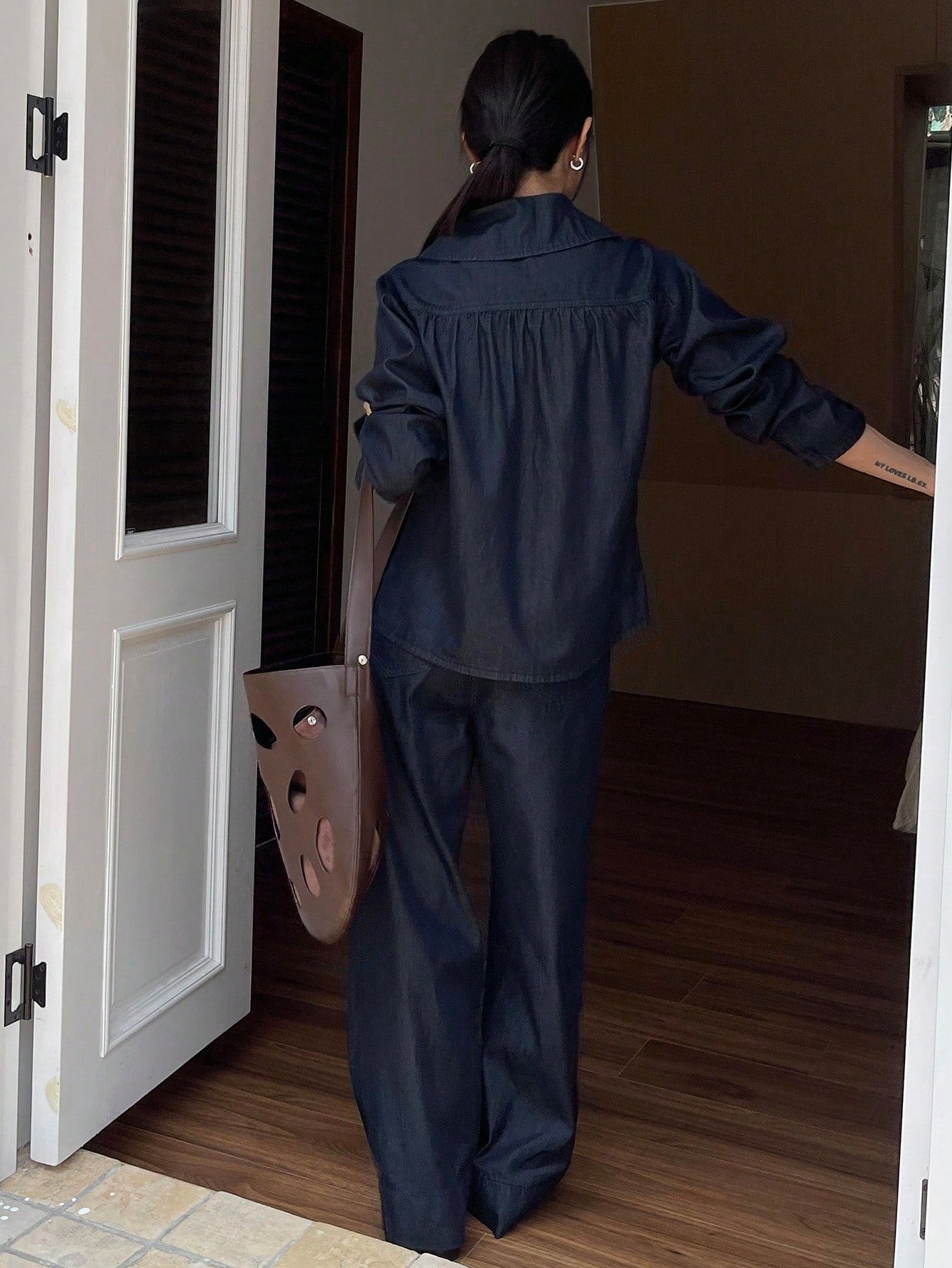CM-SS349877 Women Casual Seoul Style Peter Pan Collar Long Sleeve Denim Blouse With Long Pants - Set