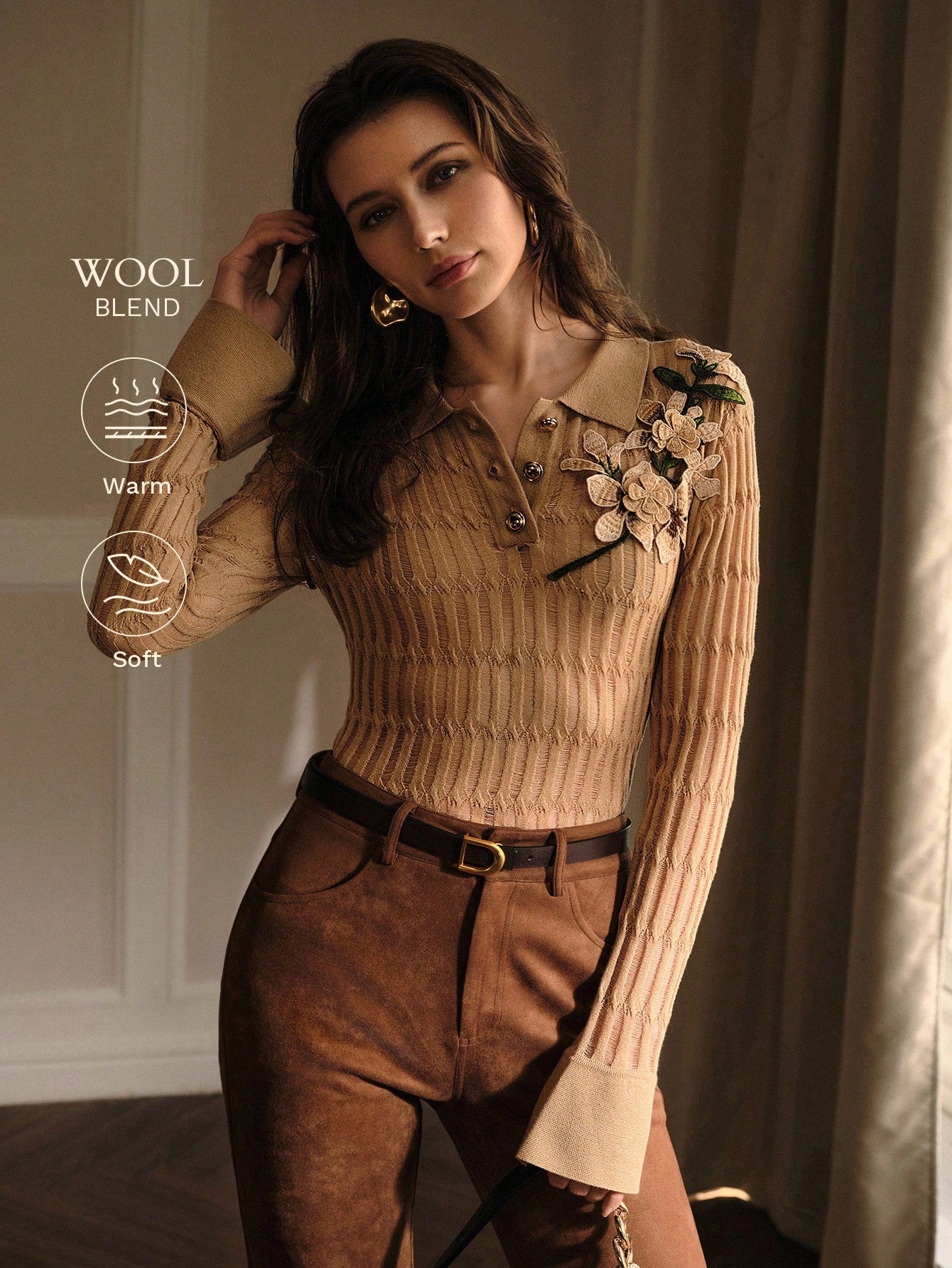 CM-CS898919 Women Elegant Seoul Style Appliques Polo Collar Long Sleeve Slim Fit Knit Sweater - Khaki