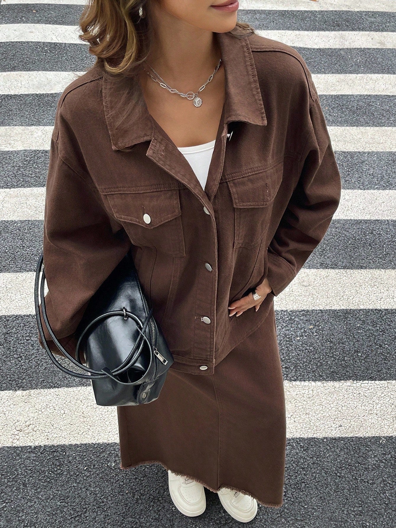 CM-SS574444 Women Casual Seoul Style Collared Loose Long Sleeve Jacket With Denim Skirt - Set