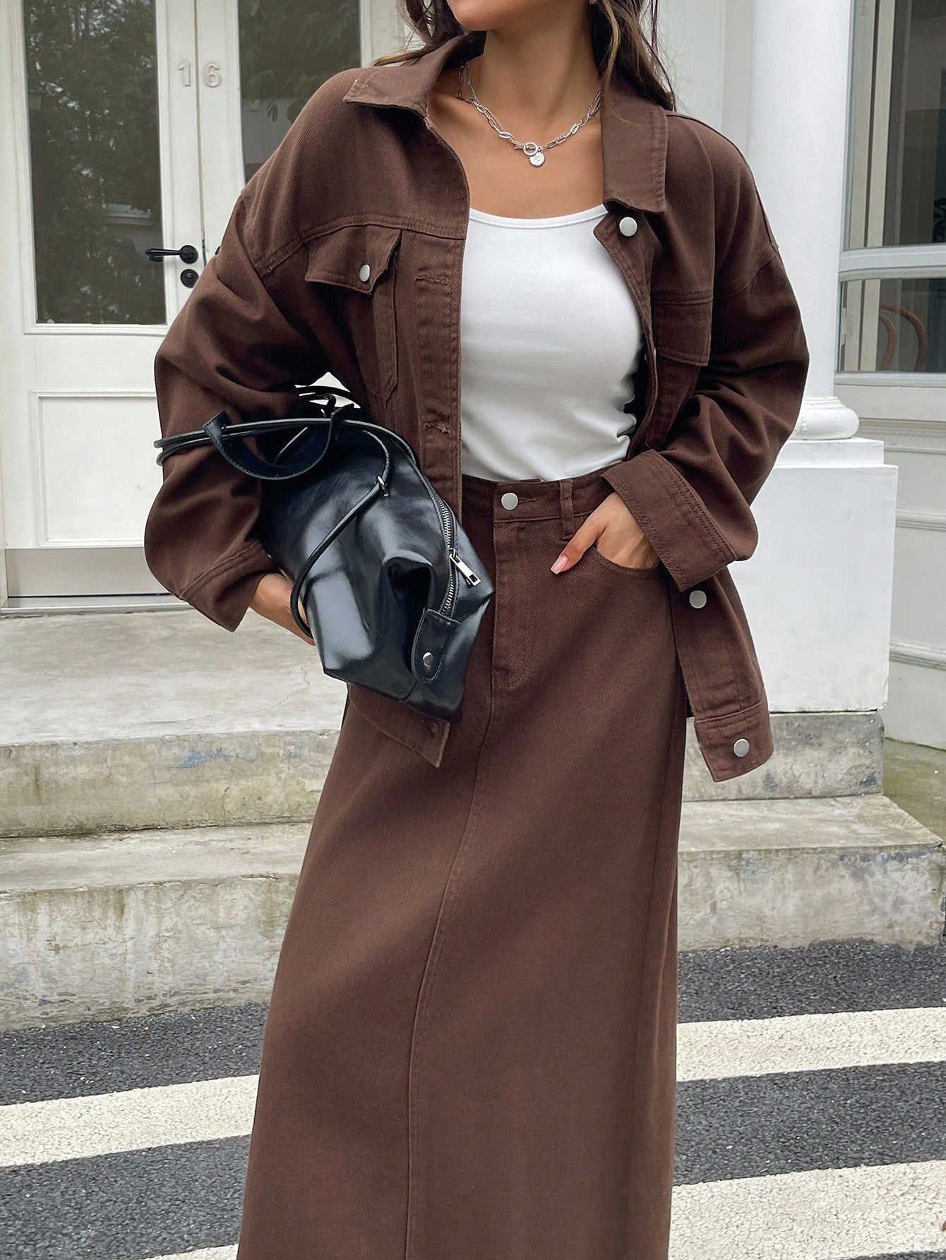CM-SS574444 Women Casual Seoul Style Collared Loose Long Sleeve Jacket With Denim Skirt - Set