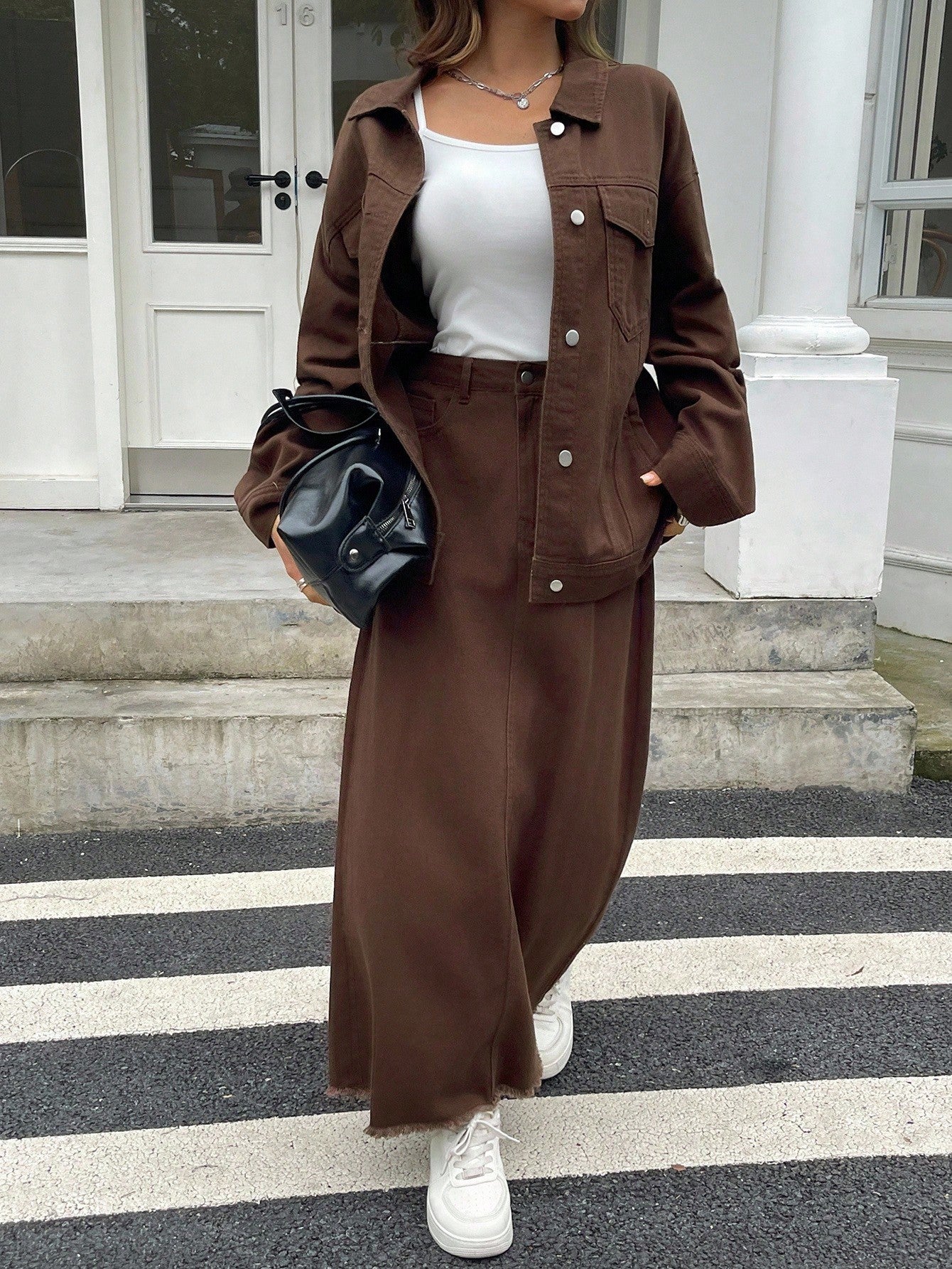 CM-SS574444 Women Casual Seoul Style Collared Loose Long Sleeve Jacket With Denim Skirt - Set