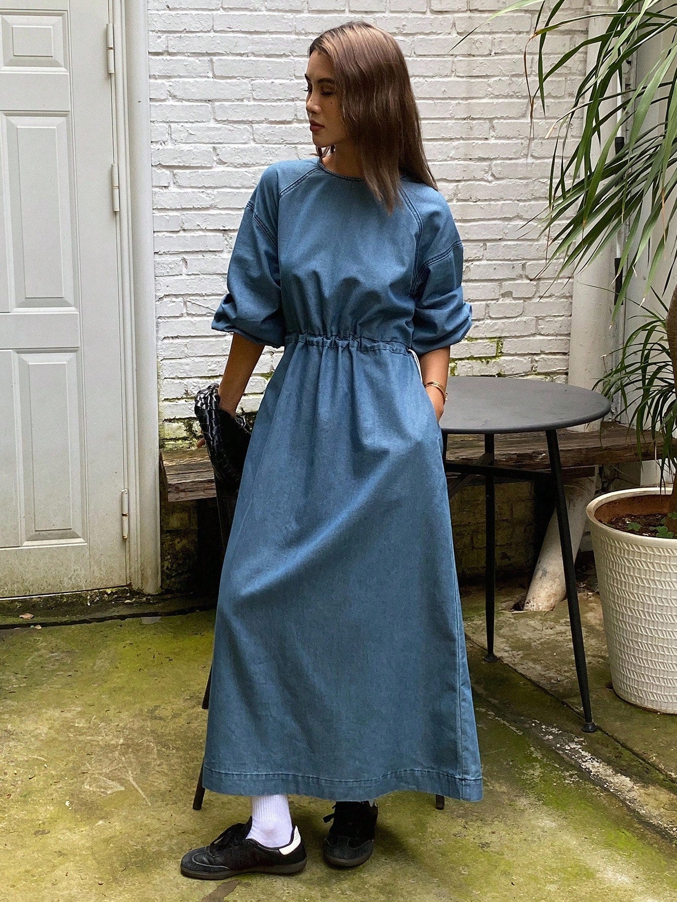 CM-DS793282 Women Casual Soeul Style Round Neck Long Sleeve Cinched Waist Denim Dress - Blue