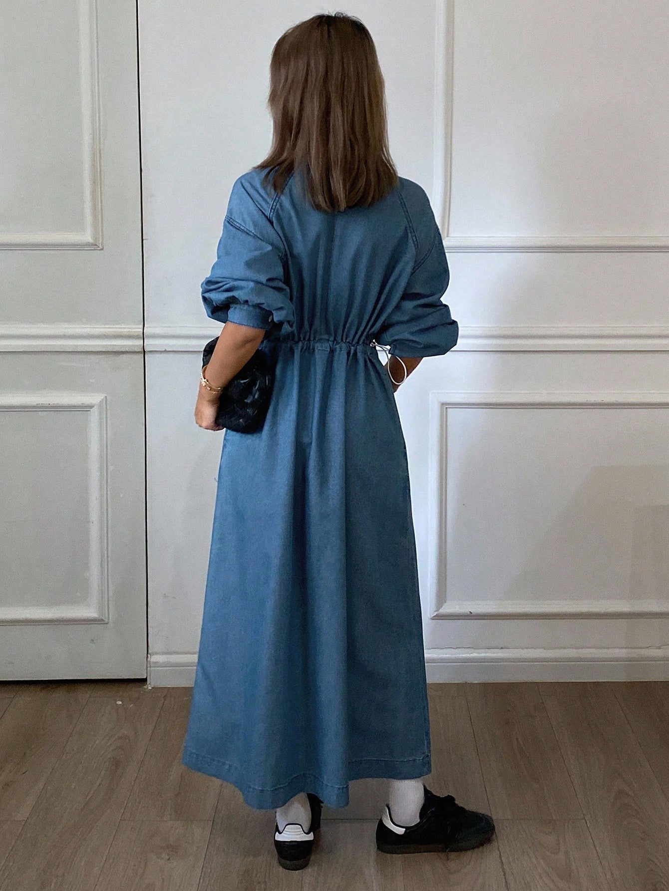 CM-DS793282 Women Casual Soeul Style Round Neck Long Sleeve Cinched Waist Denim Dress - Blue
