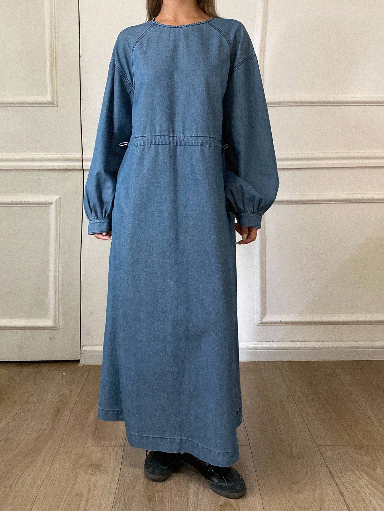 CM-DS793282 Women Casual Soeul Style Round Neck Long Sleeve Cinched Waist Denim Dress - Blue