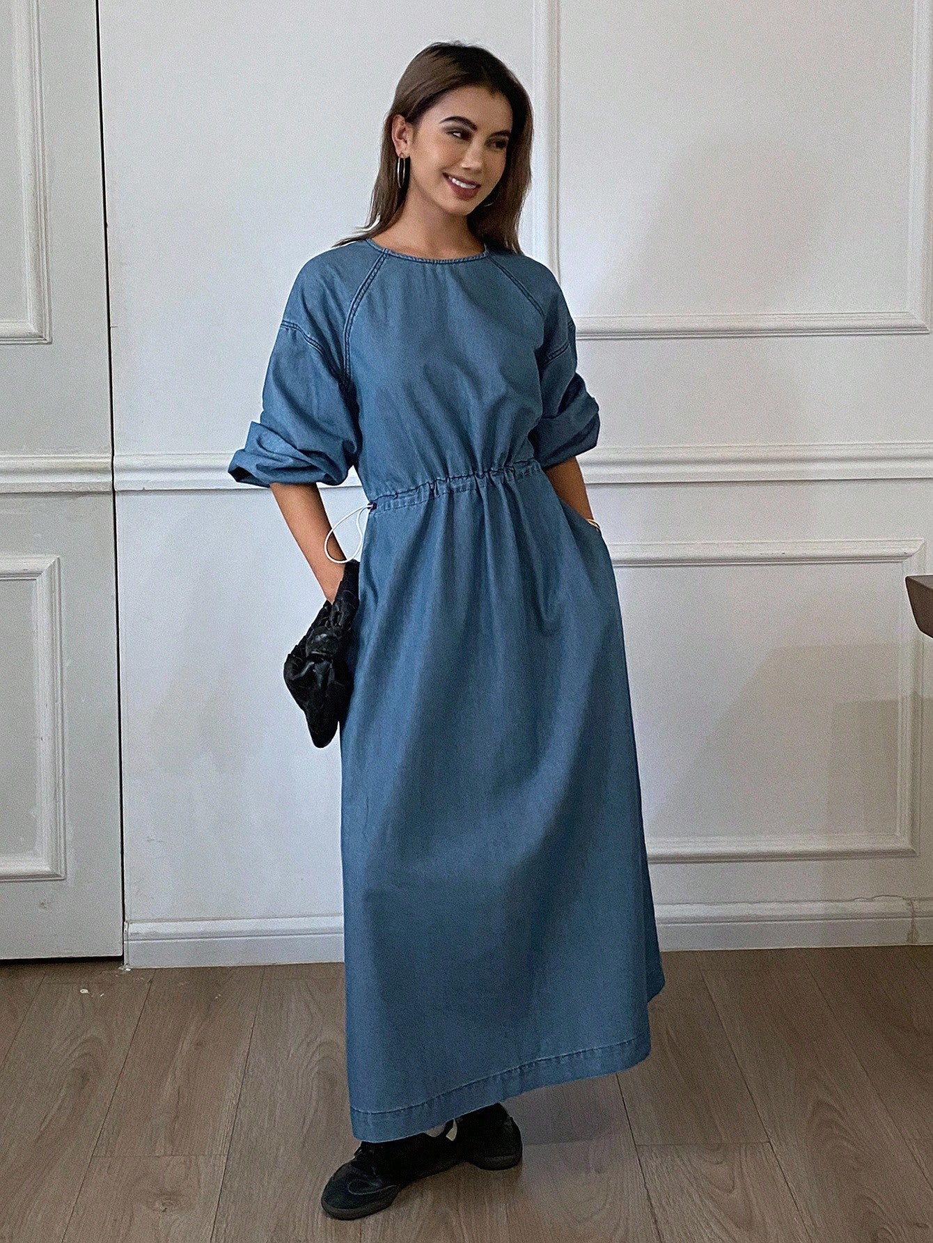 CM-DS793282 Women Casual Soeul Style Round Neck Long Sleeve Cinched Waist Denim Dress - Blue