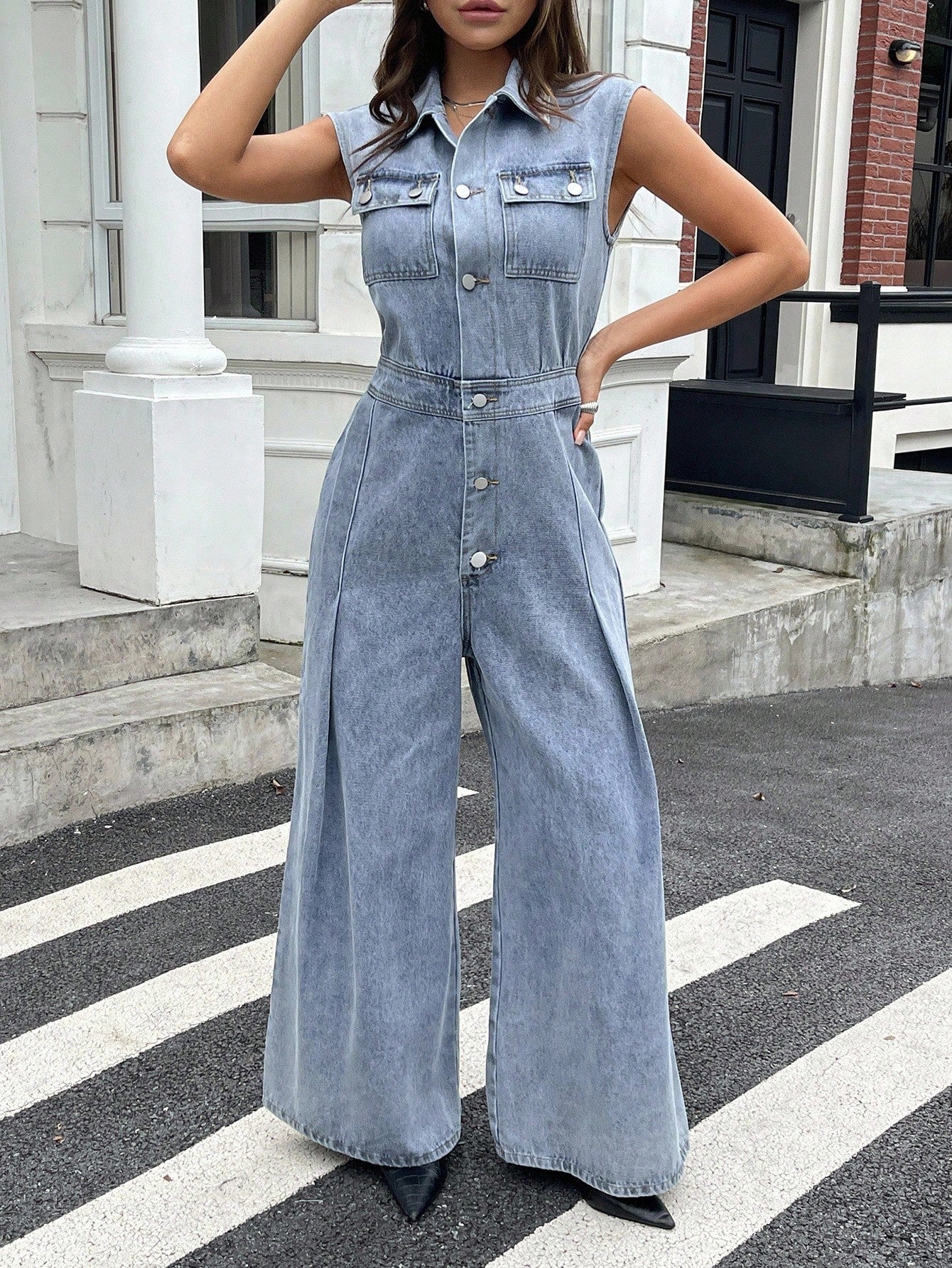 CM-JS716314 Women Casual Seoul Style Collared Sleeveless Waist Denim Jumpsuit Overalls - Blue