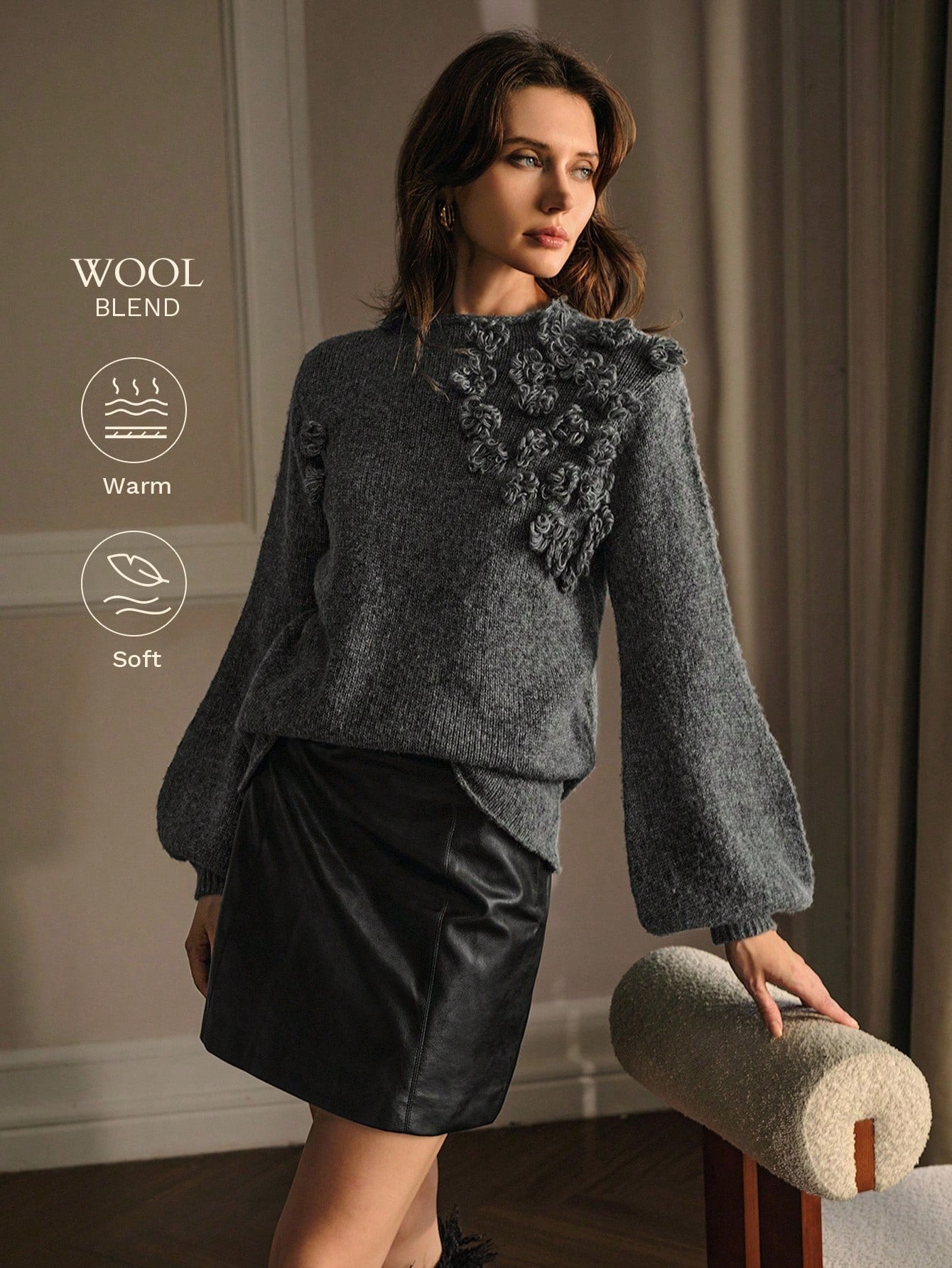 CM-CS819267 Women Elegant Seoul Style Round Neck Long Sleeve Stereo Floral Pullover Sweater - Gray