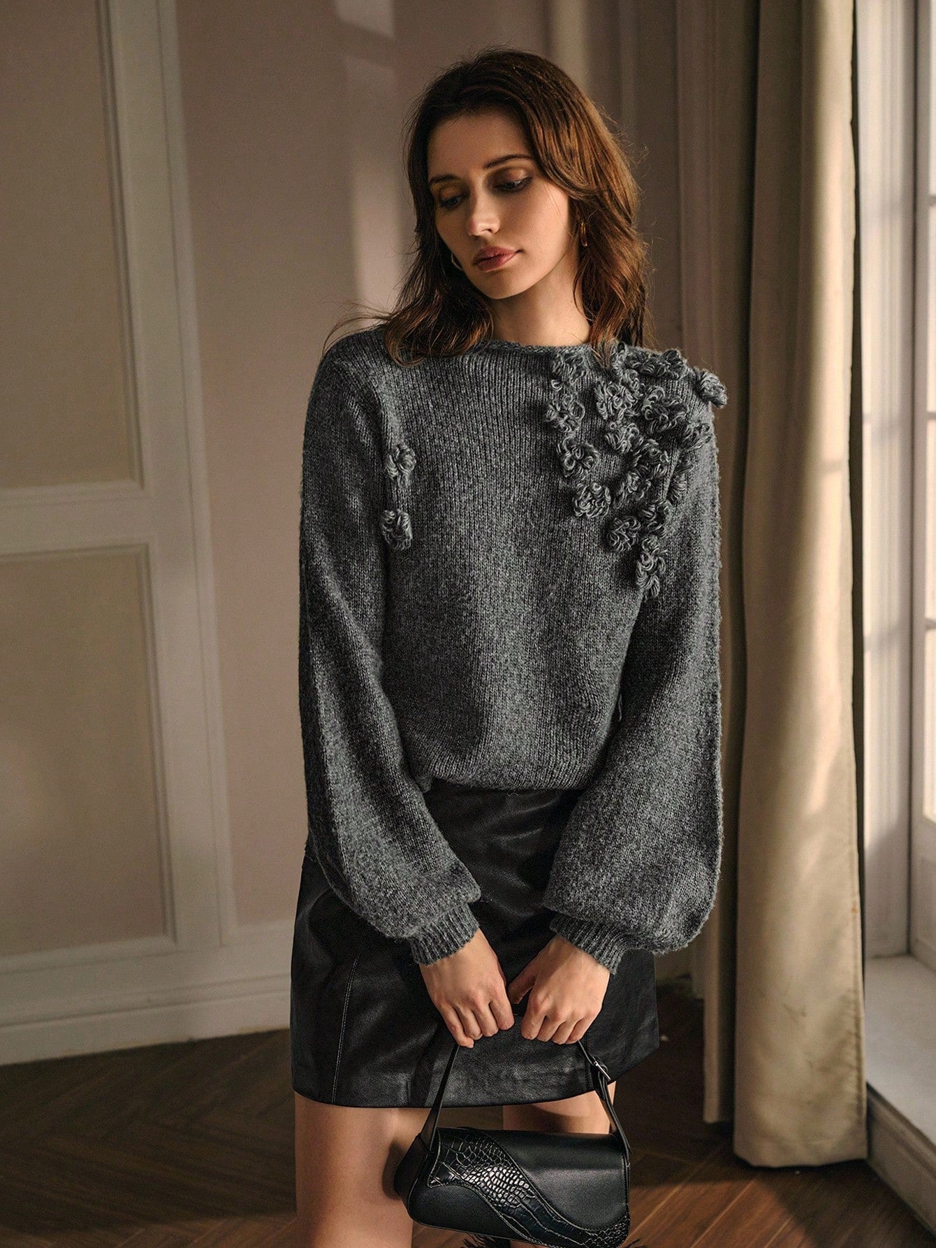 CM-CS819267 Women Elegant Seoul Style Round Neck Long Sleeve Stereo Floral Pullover Sweater - Gray
