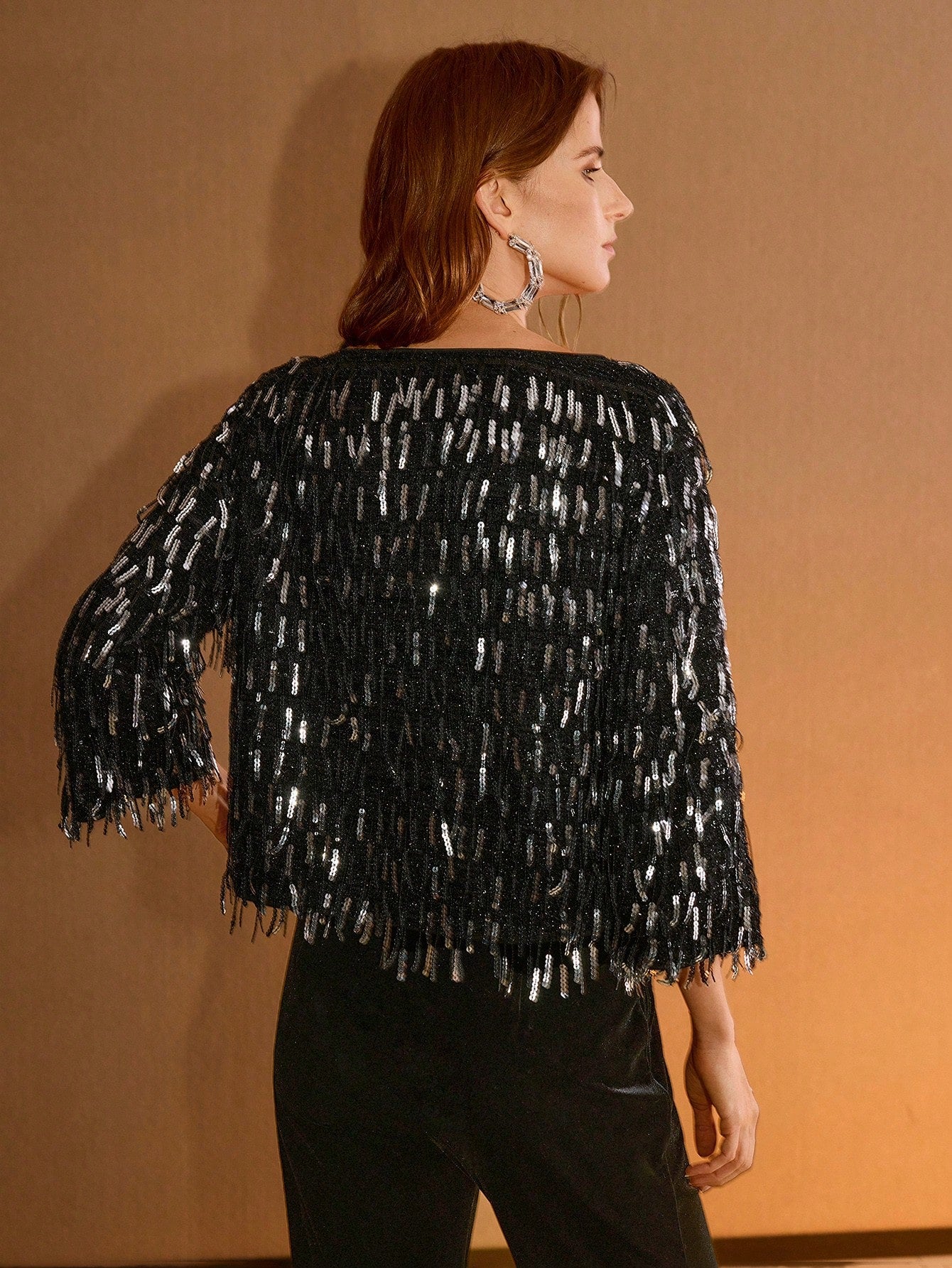 CM-TS299359 Women Elegant Seoul Style Round Neck 3/4 Sleeve Sequin Fringe Top - Black