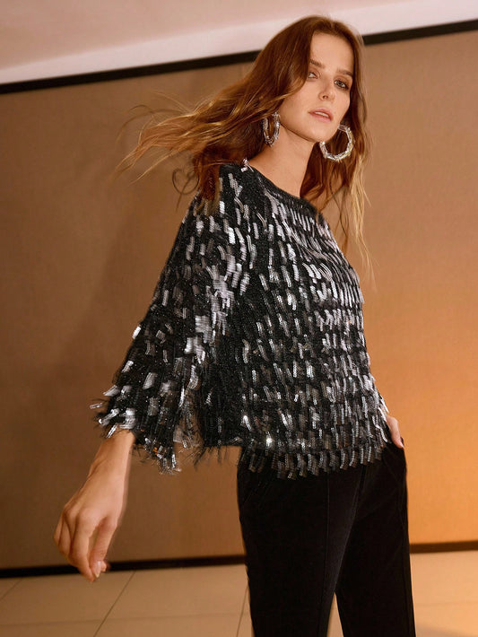 CM-TS299359 Women Elegant Seoul Style Round Neck 3/4 Sleeve Sequin Fringe Top - Black