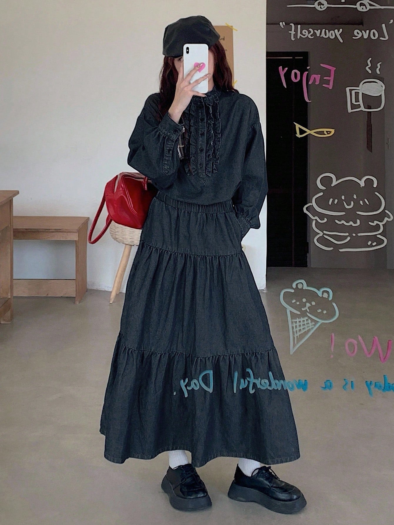 CM-SS614498 Women Casual Seoul Style Round Neck Half-Zip Ruffle Trim Denim Top With Long Skirt - Set