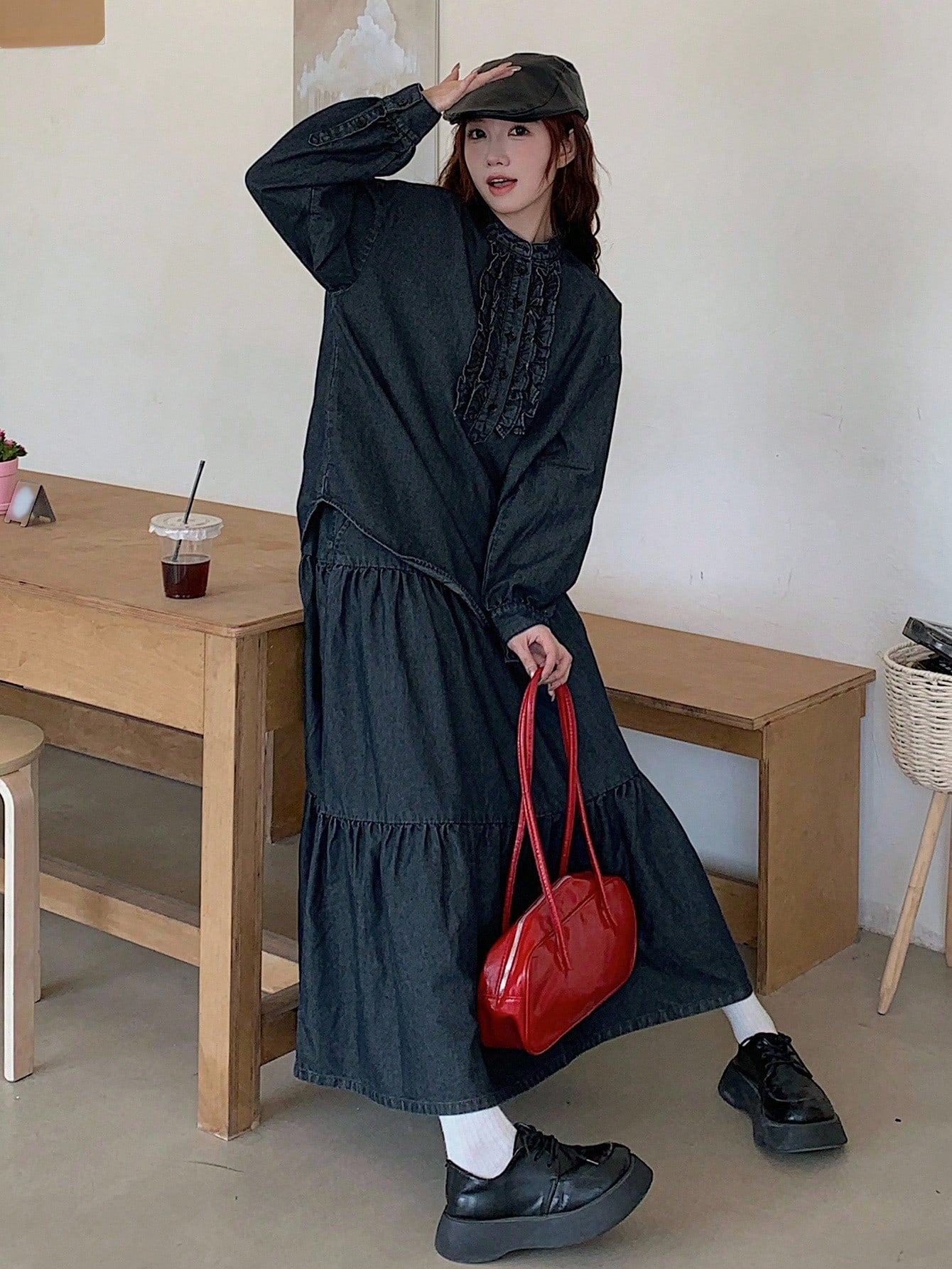 CM-SS614498 Women Casual Seoul Style Round Neck Half-Zip Ruffle Trim Denim Top With Long Skirt - Set