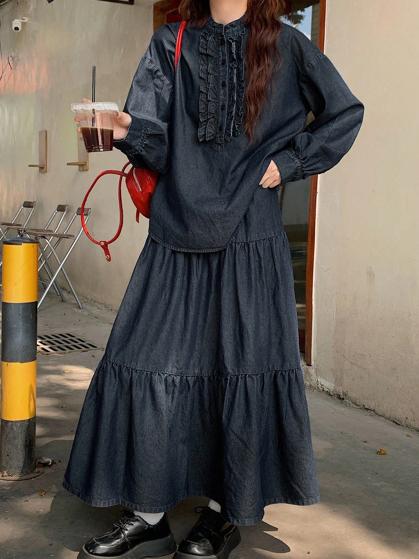CM-SS614498 Women Casual Seoul Style Round Neck Half-Zip Ruffle Trim Denim Top With Long Skirt - Set