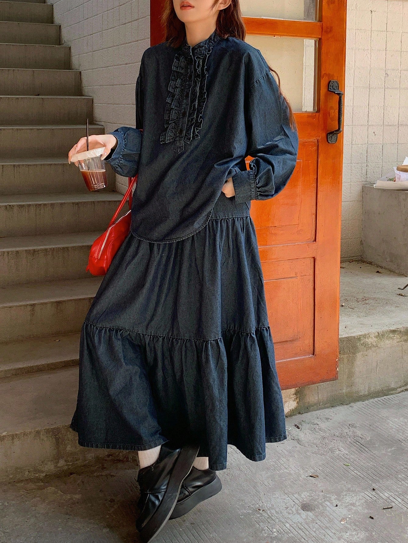 CM-SS614498 Women Casual Seoul Style Round Neck Half-Zip Ruffle Trim Denim Top With Long Skirt - Set