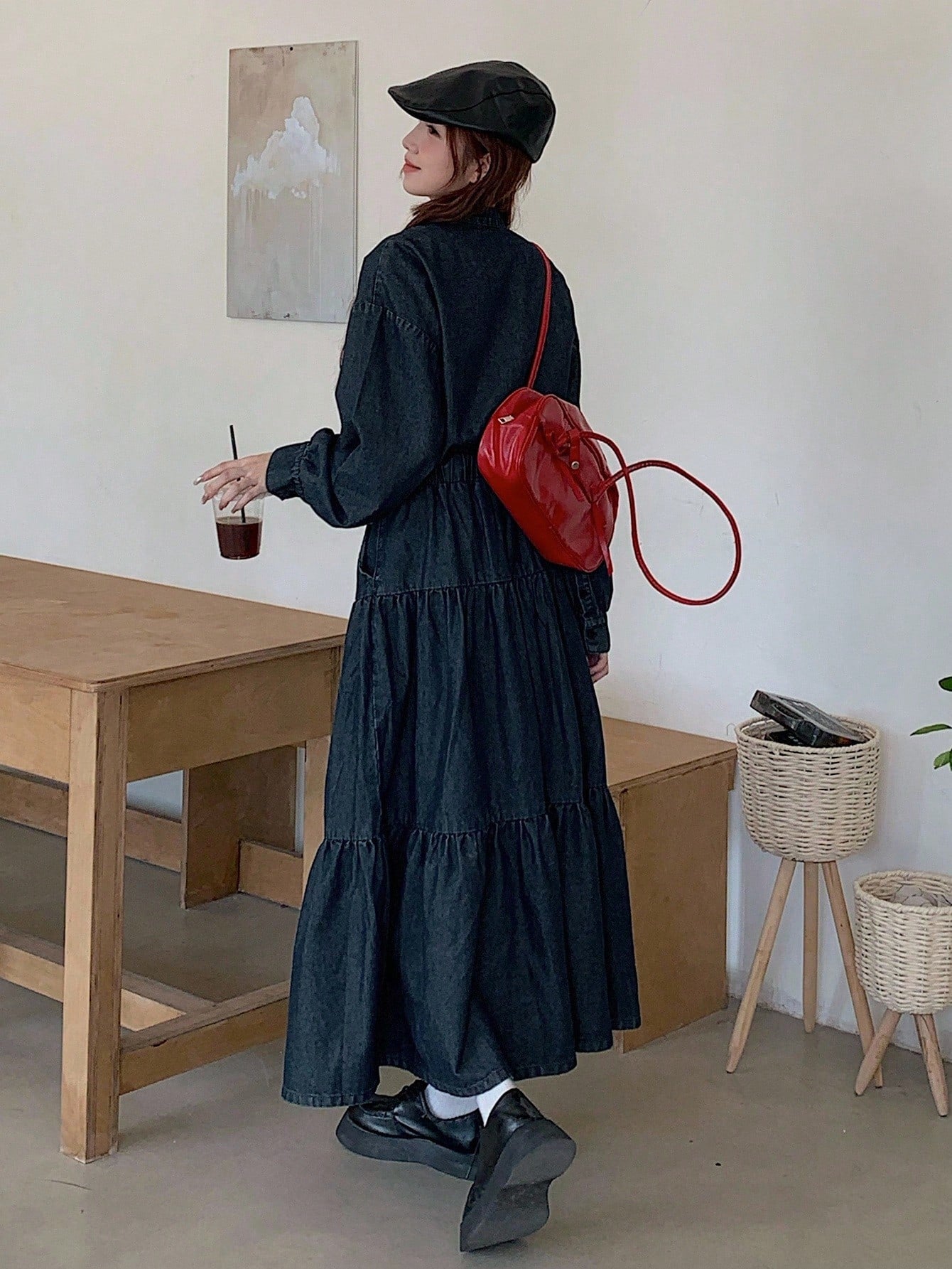 CM-SS614498 Women Casual Seoul Style Round Neck Half-Zip Ruffle Trim Denim Top With Long Skirt - Set