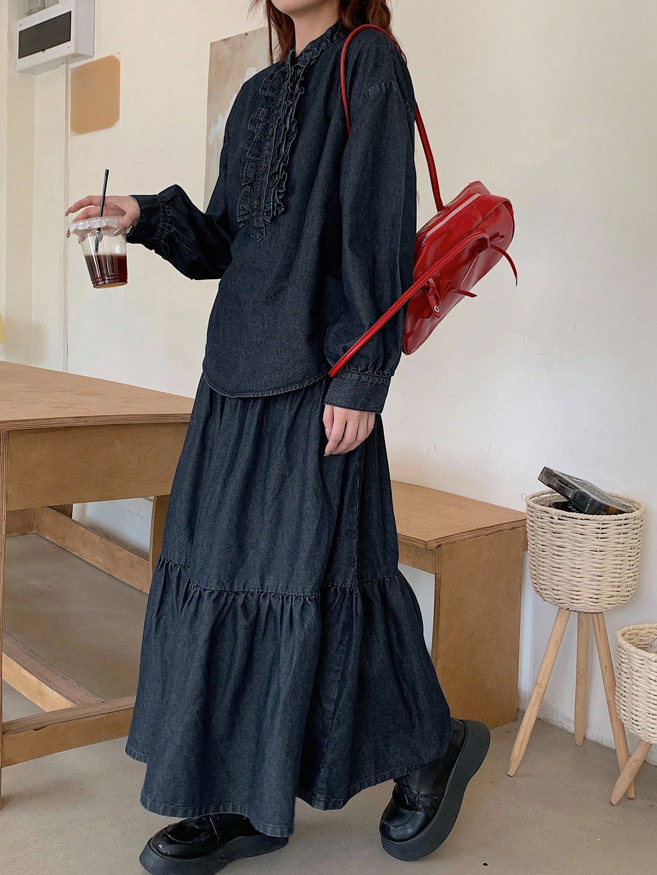 CM-SS614498 Women Casual Seoul Style Round Neck Half-Zip Ruffle Trim Denim Top With Long Skirt - Set