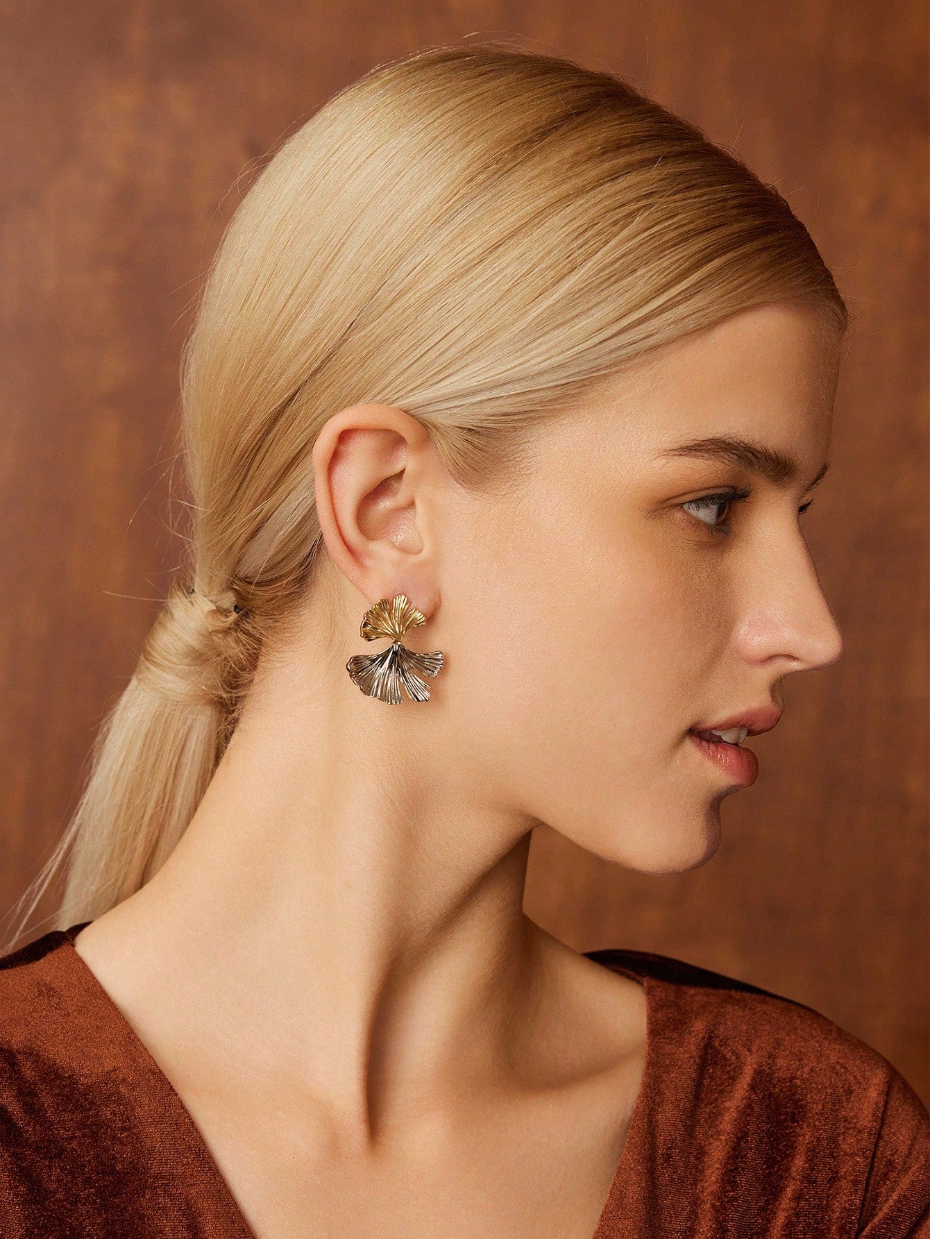CM-AXS538891 Women Trendy Seoul Style Dual Tone Metallic Almond Leaf Earrings
