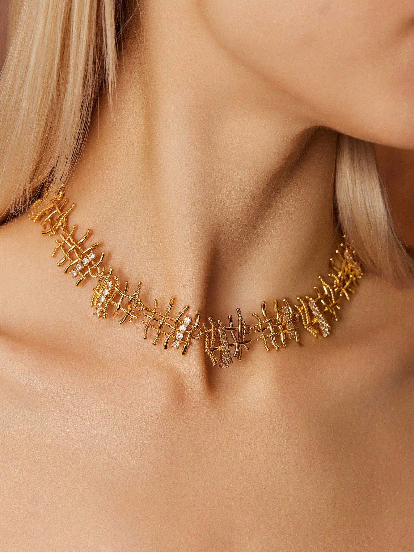 CM-AXS520420 Women Trendy Seoul Style Linear Design Sparkling Rhinestone Necklace - Gold