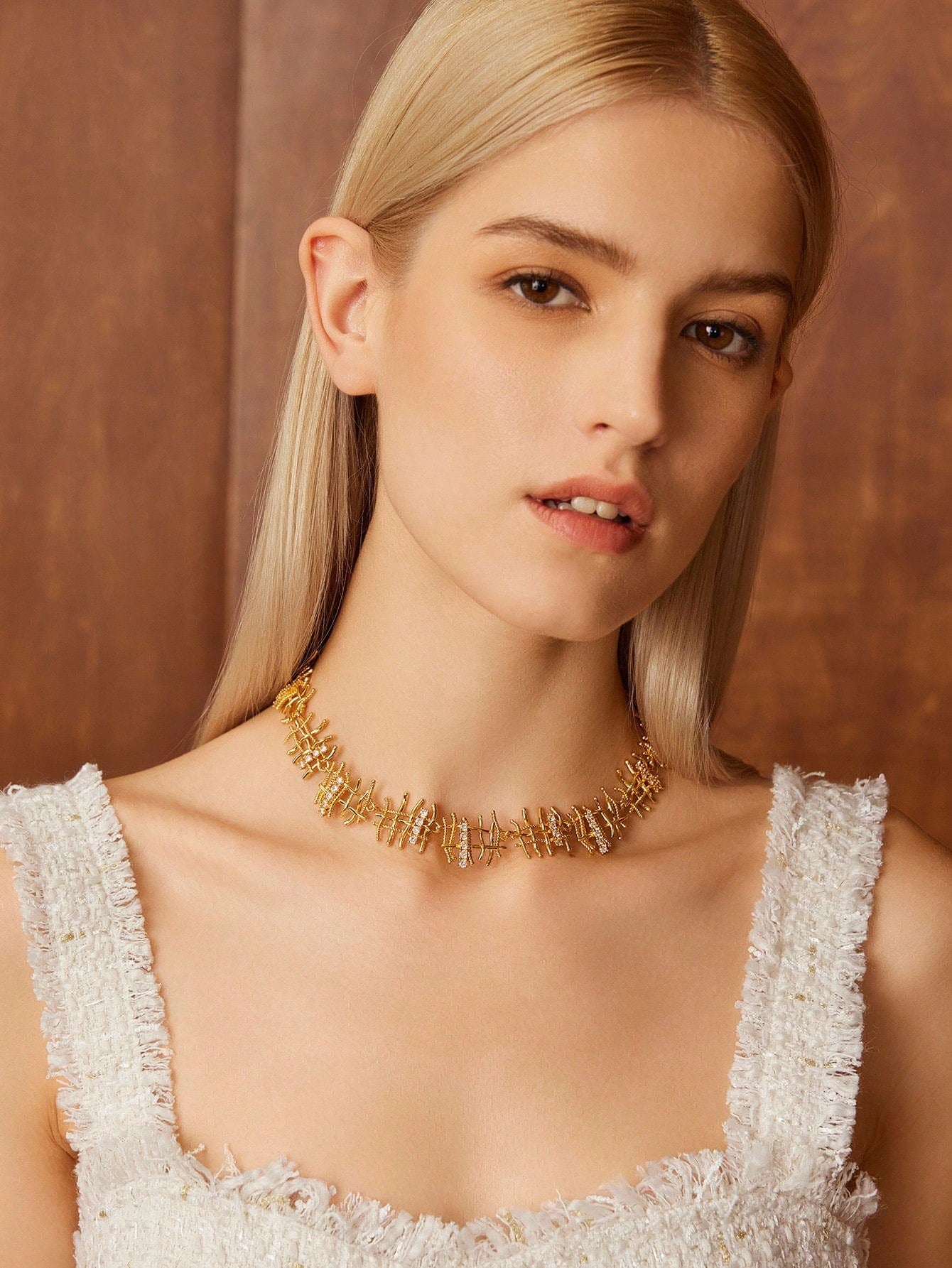 CM-AXS520420 Women Trendy Seoul Style Linear Design Sparkling Rhinestone Necklace - Gold
