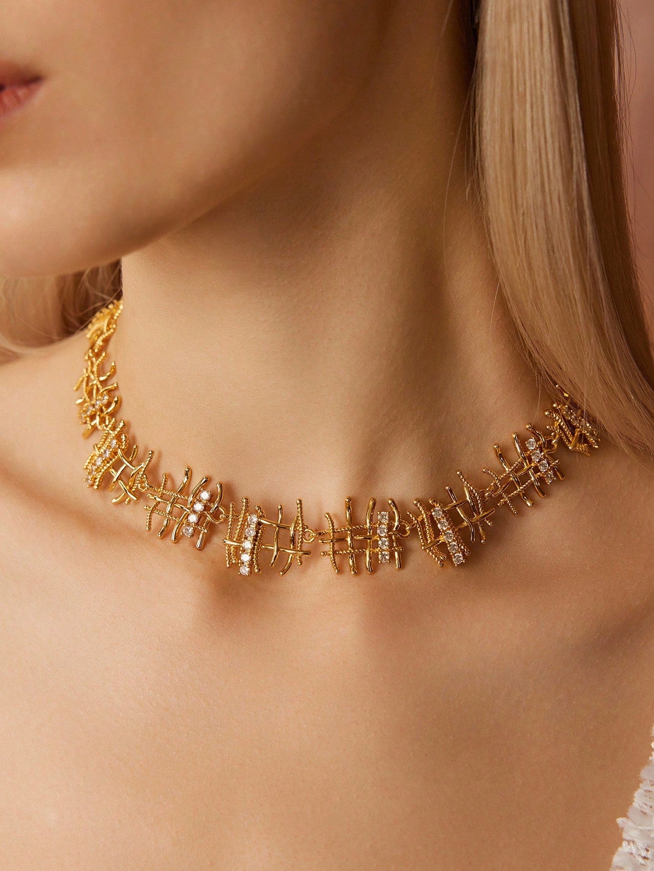 CM-AXS520420 Women Trendy Seoul Style Linear Design Sparkling Rhinestone Necklace - Gold