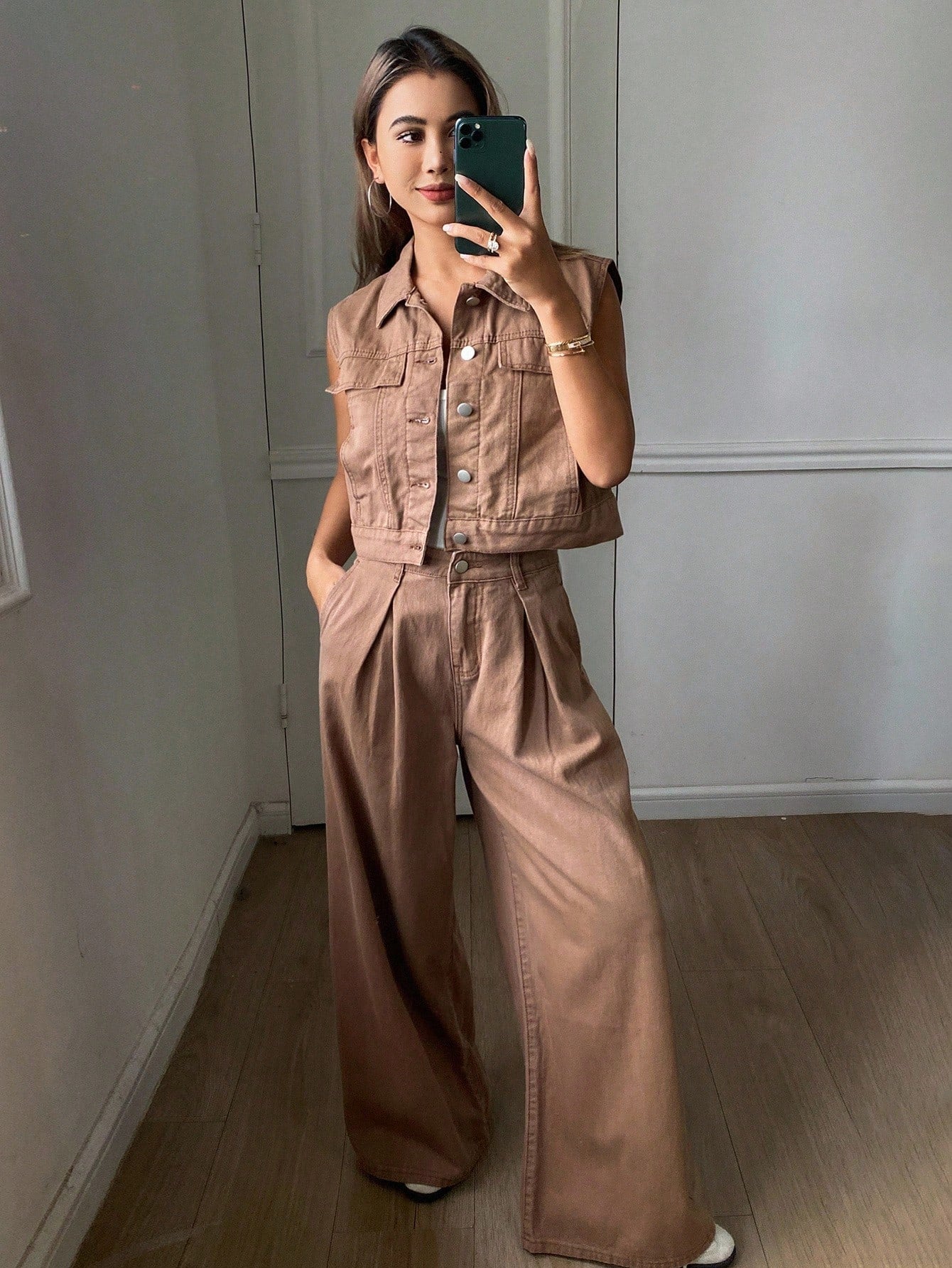 CM-SS263252 Women Casual Seoul Style Collar Neckline Sleeveless Denim Vest With Wide Leg Pants - Set