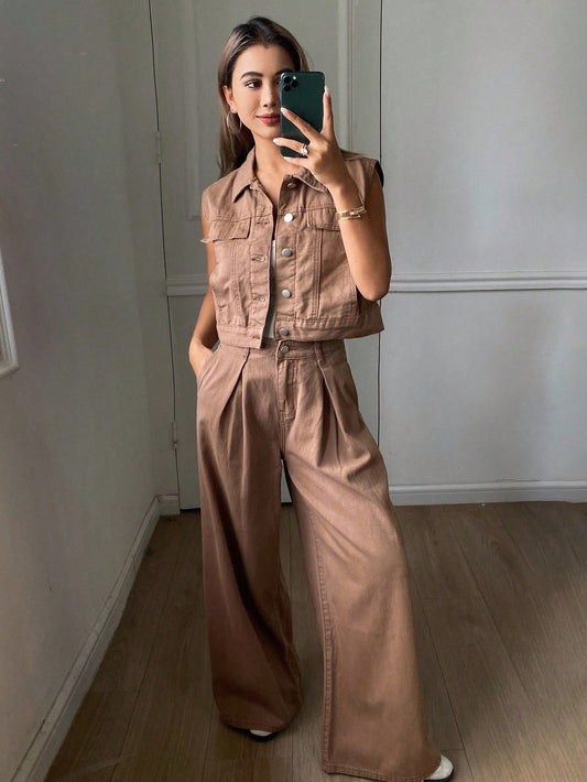 CM-SS263252 Women Casual Seoul Style Collar Neckline Sleeveless Denim Vest With Wide Leg Pants - Set