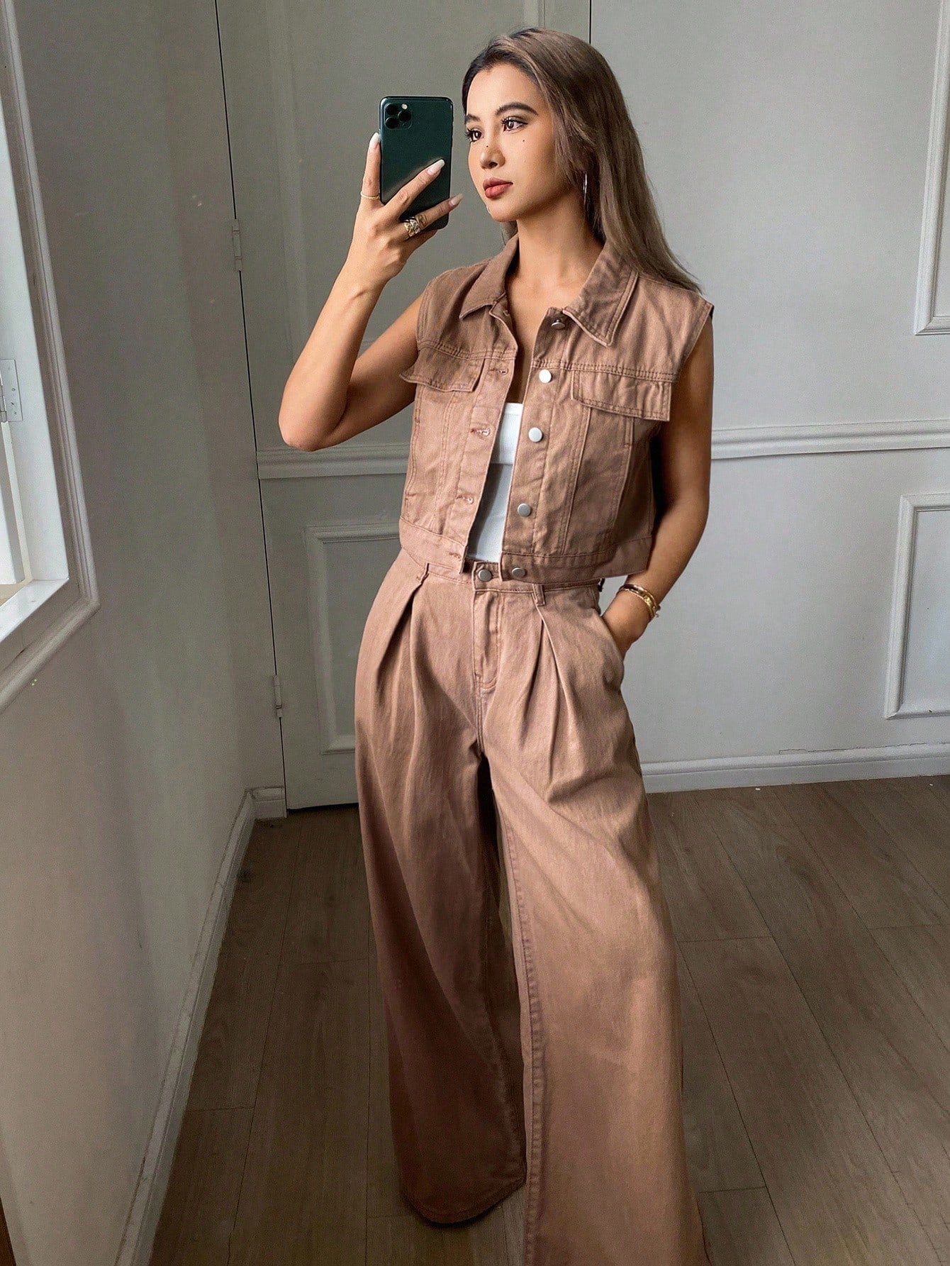 CM-SS263252 Women Casual Seoul Style Collar Neckline Sleeveless Denim Vest With Wide Leg Pants - Set