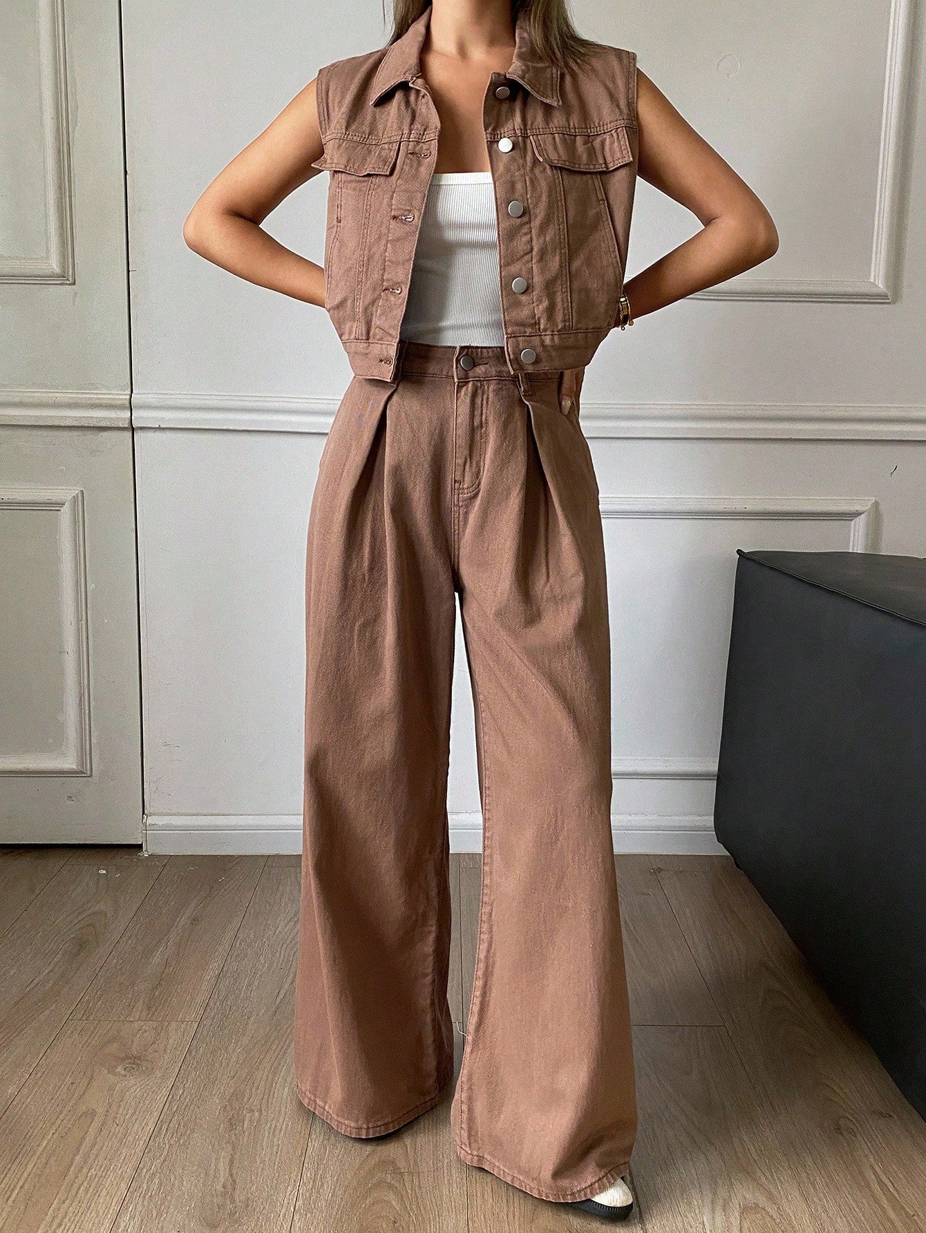 CM-SS263252 Women Casual Seoul Style Collar Neckline Sleeveless Denim Vest With Wide Leg Pants - Set