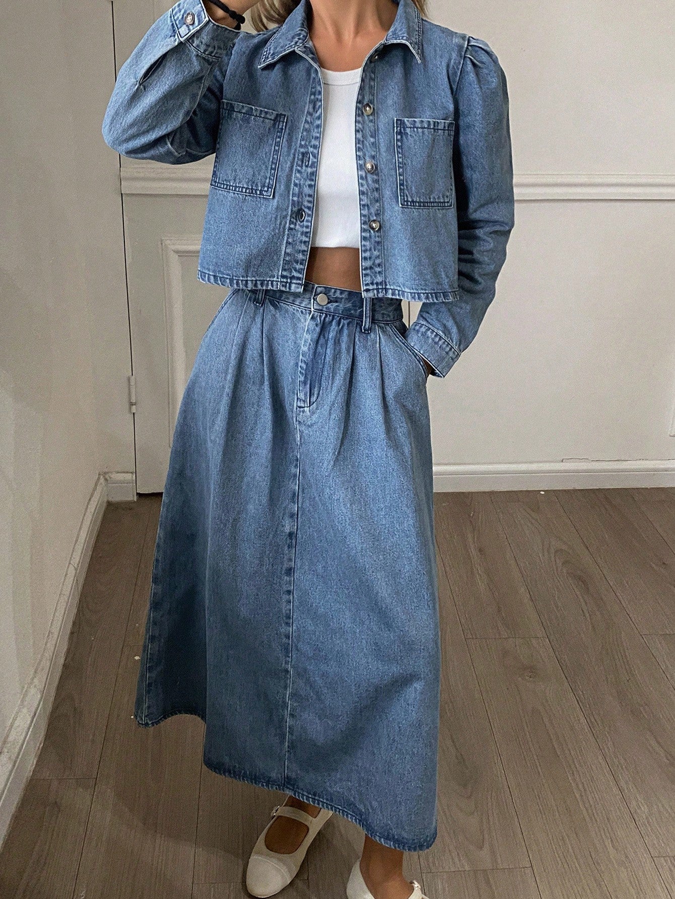 CM-SS964872 Women Casual Seoul Style Collar Neckline Long Sleeve Washed Denim Jacket With Long Skirt - Set