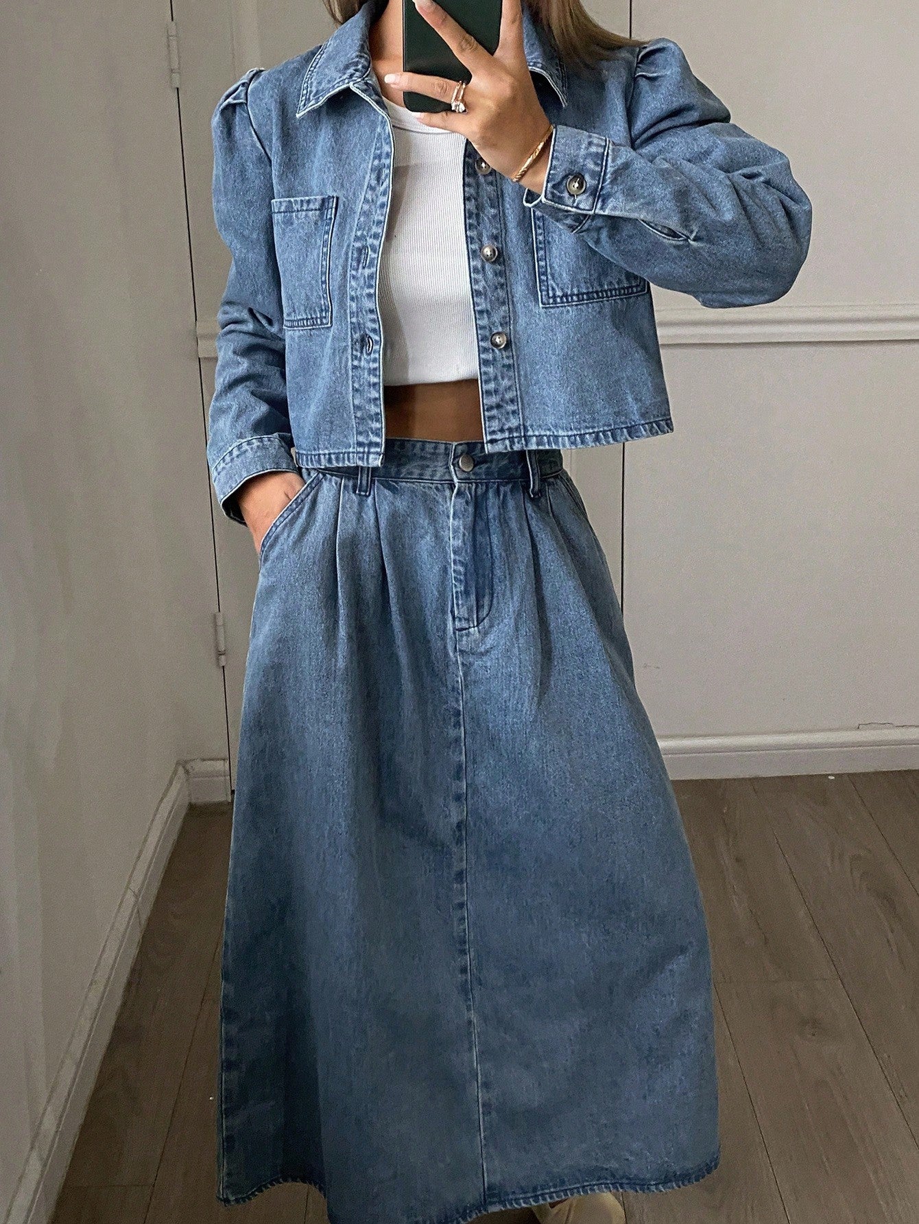 CM-SS964872 Women Casual Seoul Style Collar Neckline Long Sleeve Washed Denim Jacket With Long Skirt - Set
