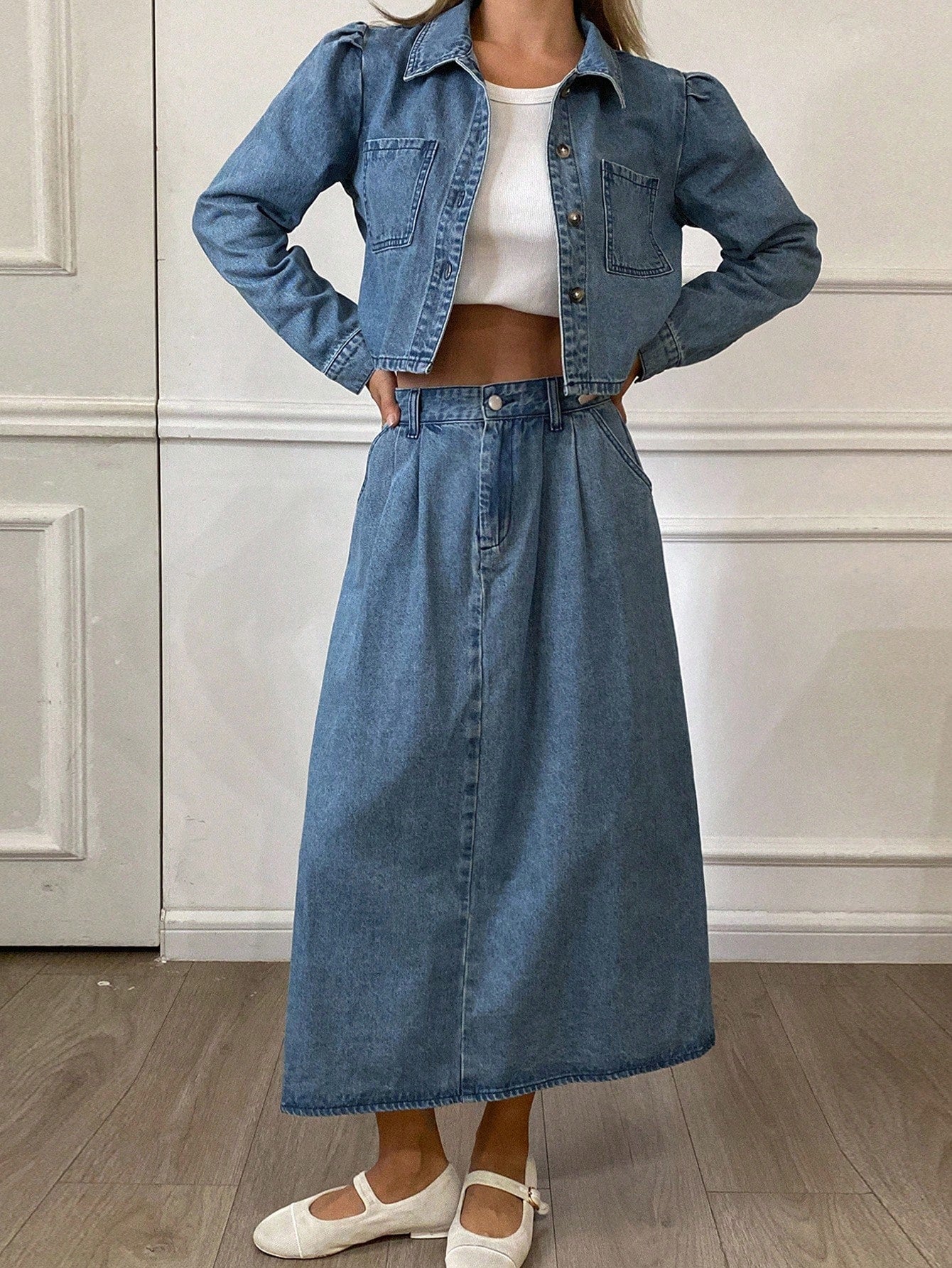 CM-SS964872 Women Casual Seoul Style Collar Neckline Long Sleeve Washed Denim Jacket With Long Skirt - Set