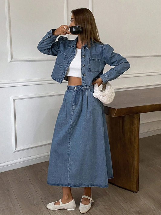 CM-SS964872 Women Casual Seoul Style Collar Neckline Long Sleeve Washed Denim Jacket With Long Skirt - Set