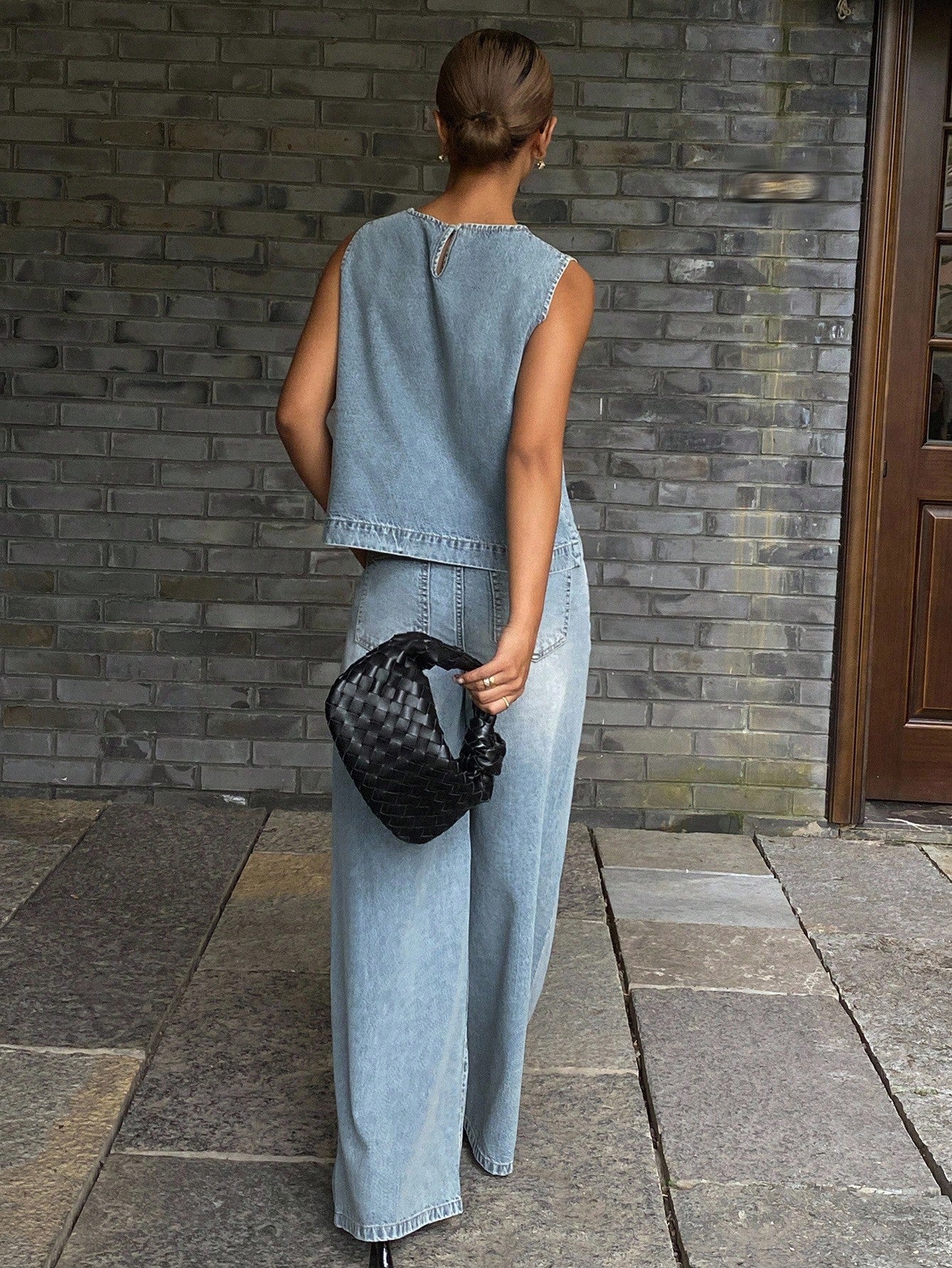 CM-SS466939 Women Casual Seoul Style Light Wash Round Neck Sleeveless Denim Top With Drawstring Waist Wide Leg Jeans - Set