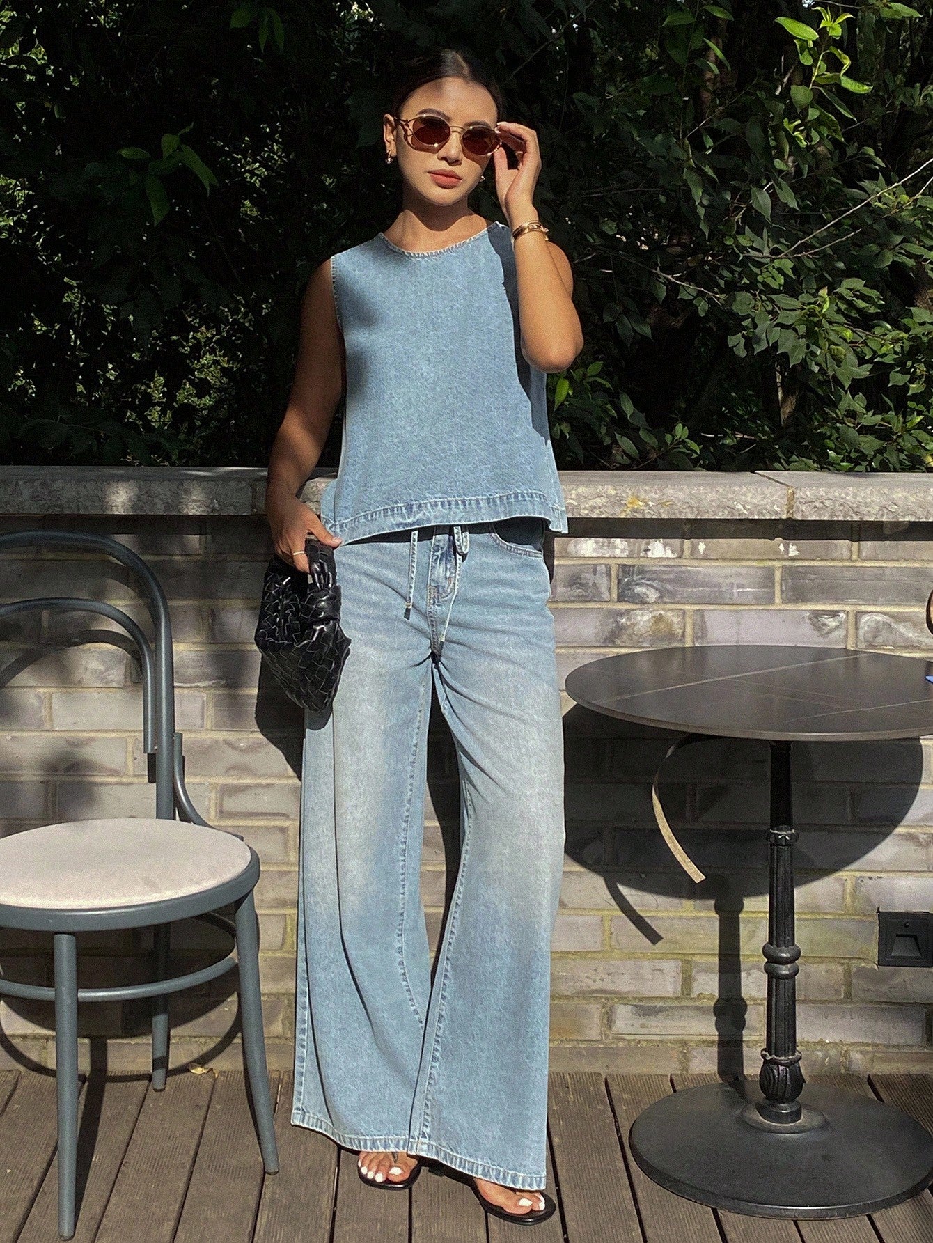CM-SS466939 Women Casual Seoul Style Light Wash Round Neck Sleeveless Denim Top With Drawstring Waist Wide Leg Jeans - Set