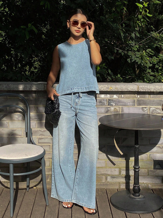 CM-SS466939 Women Casual Seoul Style Light Wash Round Neck Sleeveless Denim Top With Drawstring Waist Wide Leg Jeans - Set