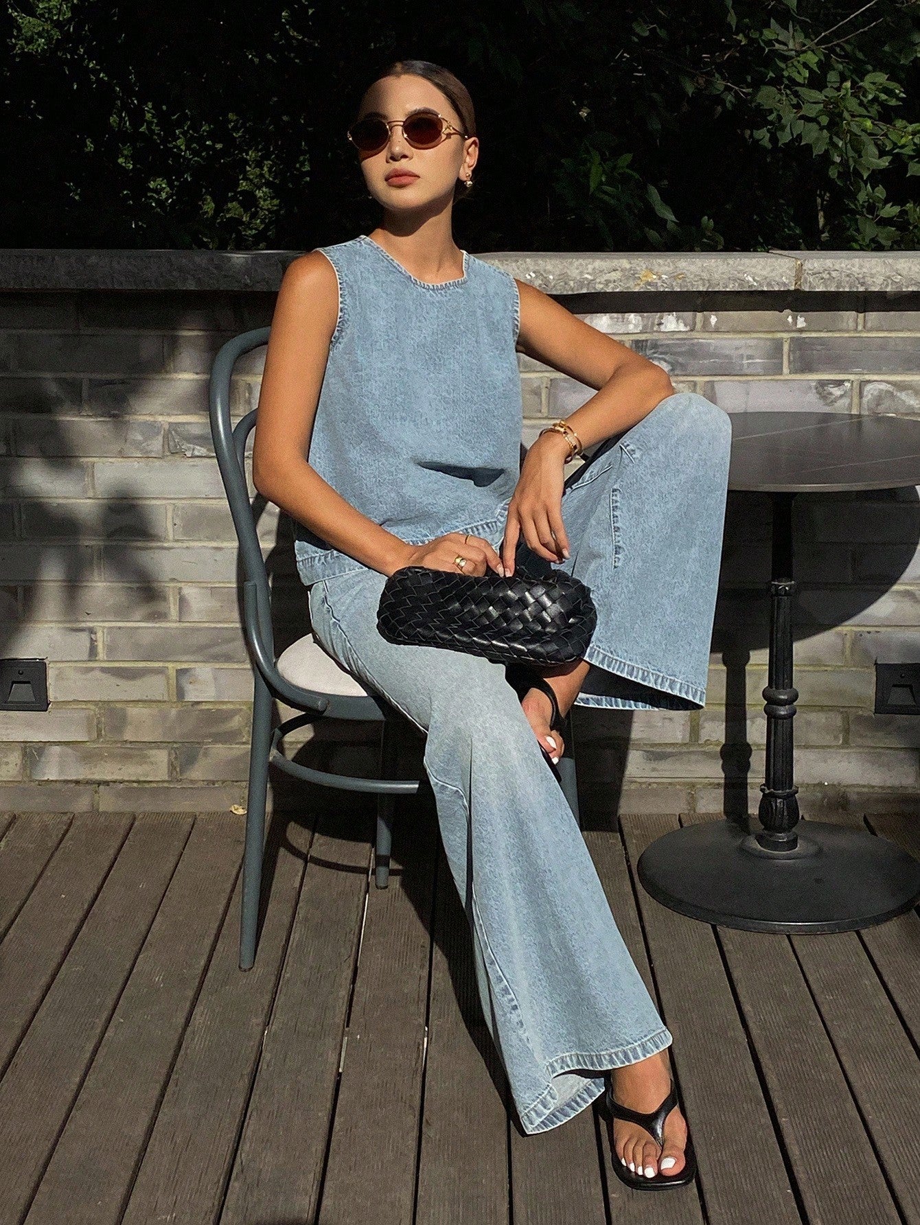 CM-SS466939 Women Casual Seoul Style Light Wash Round Neck Sleeveless Denim Top With Drawstring Waist Wide Leg Jeans - Set