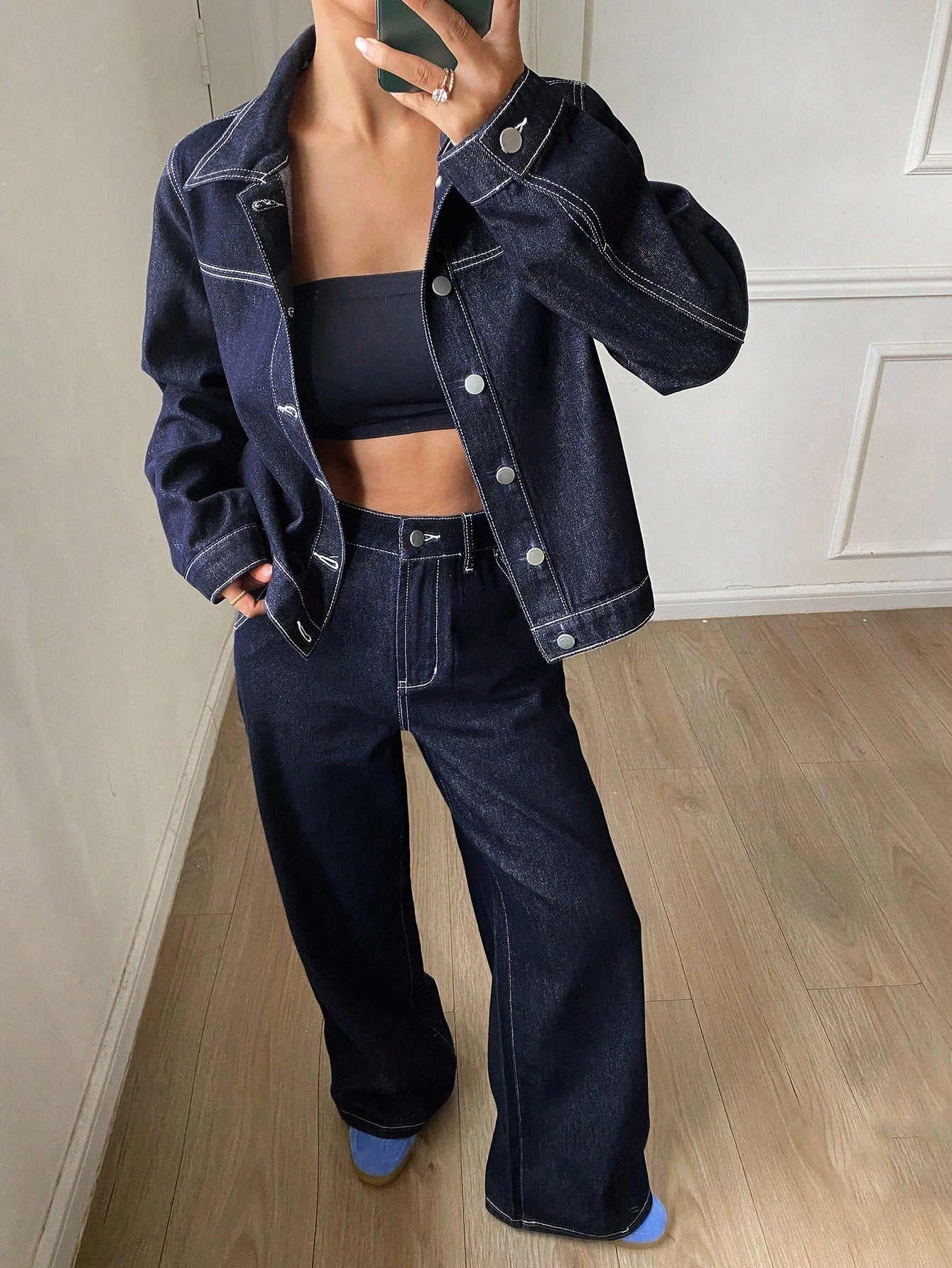 CM-SS679017 Women Casual Seoul Style Collar Neckline Drop Shoulder Color Block Denim Jacket With Wide Leg Pants - Set
