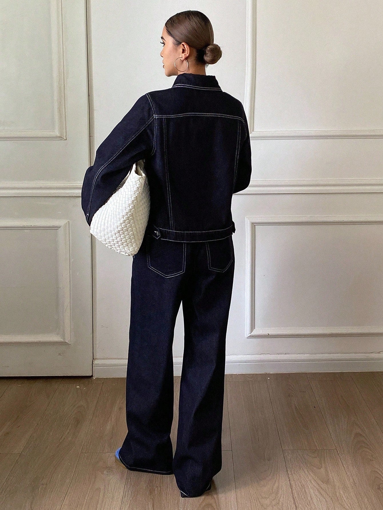 CM-SS679017 Women Casual Seoul Style Collar Neckline Drop Shoulder Color Block Denim Jacket With Wide Leg Pants - Set