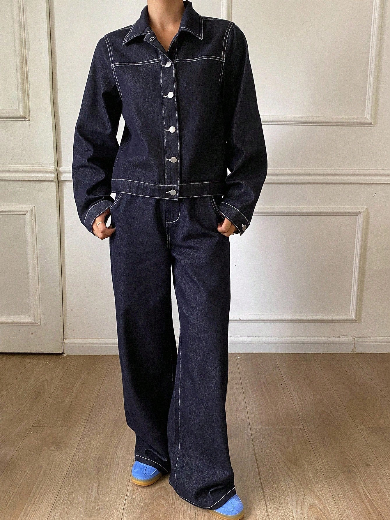 CM-SS679017 Women Casual Seoul Style Collar Neckline Drop Shoulder Color Block Denim Jacket With Wide Leg Pants - Set