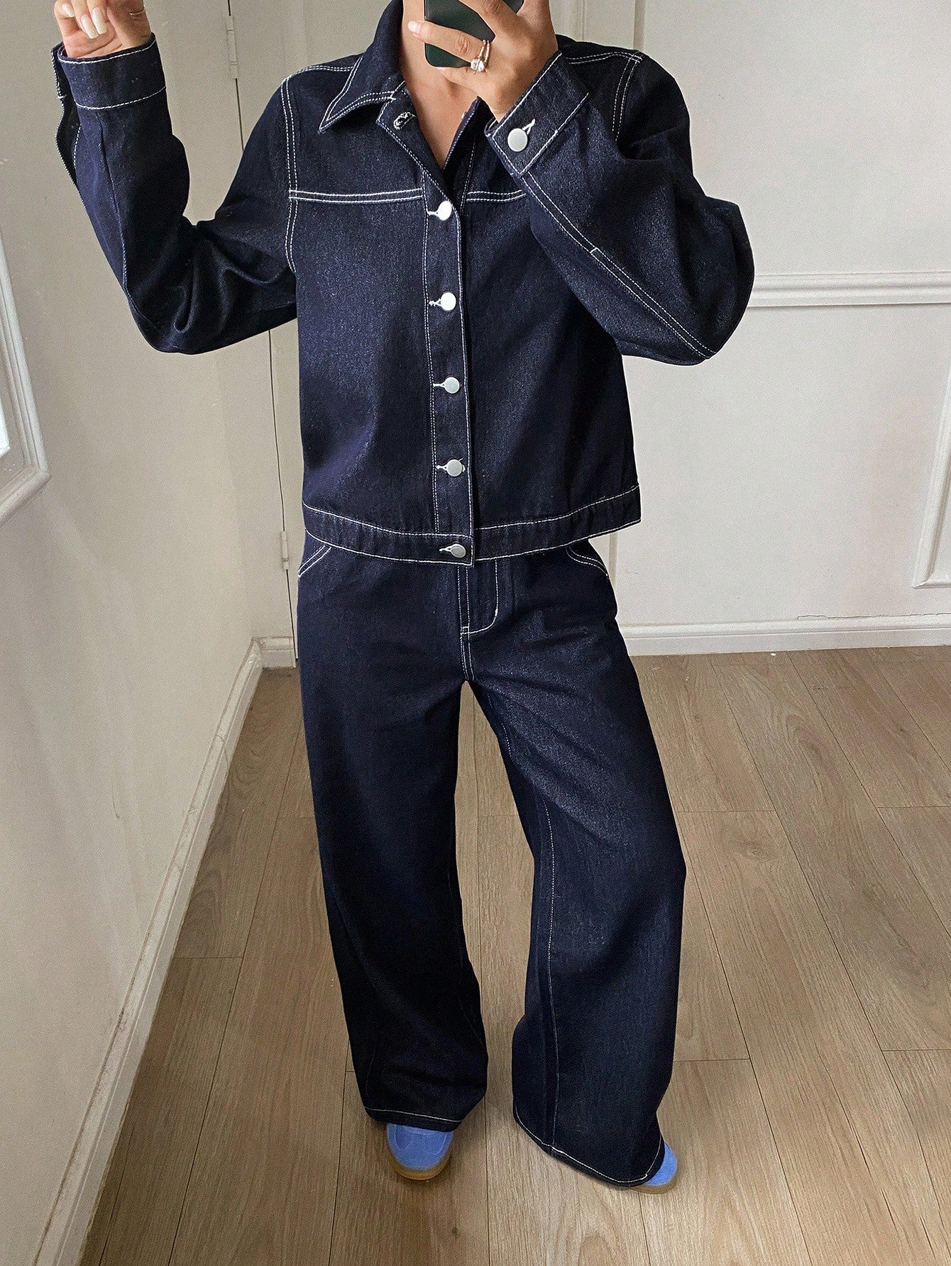 CM-SS679017 Women Casual Seoul Style Collar Neckline Drop Shoulder Color Block Denim Jacket With Wide Leg Pants - Set
